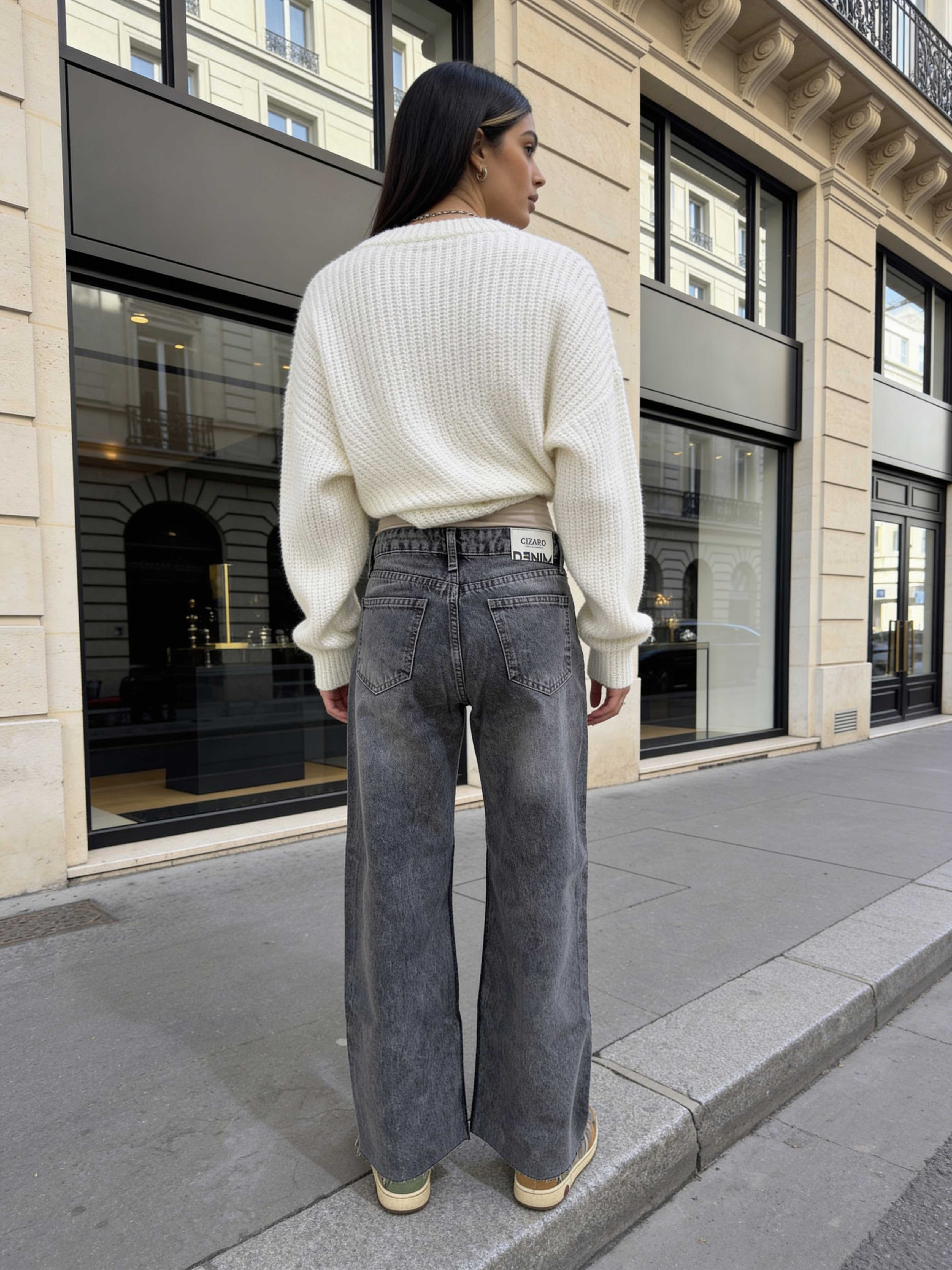 Cropped Wide Leg Raw Him Mid-Rise – Grey Jeans wide leg CIZARO - Cizaro Jeans