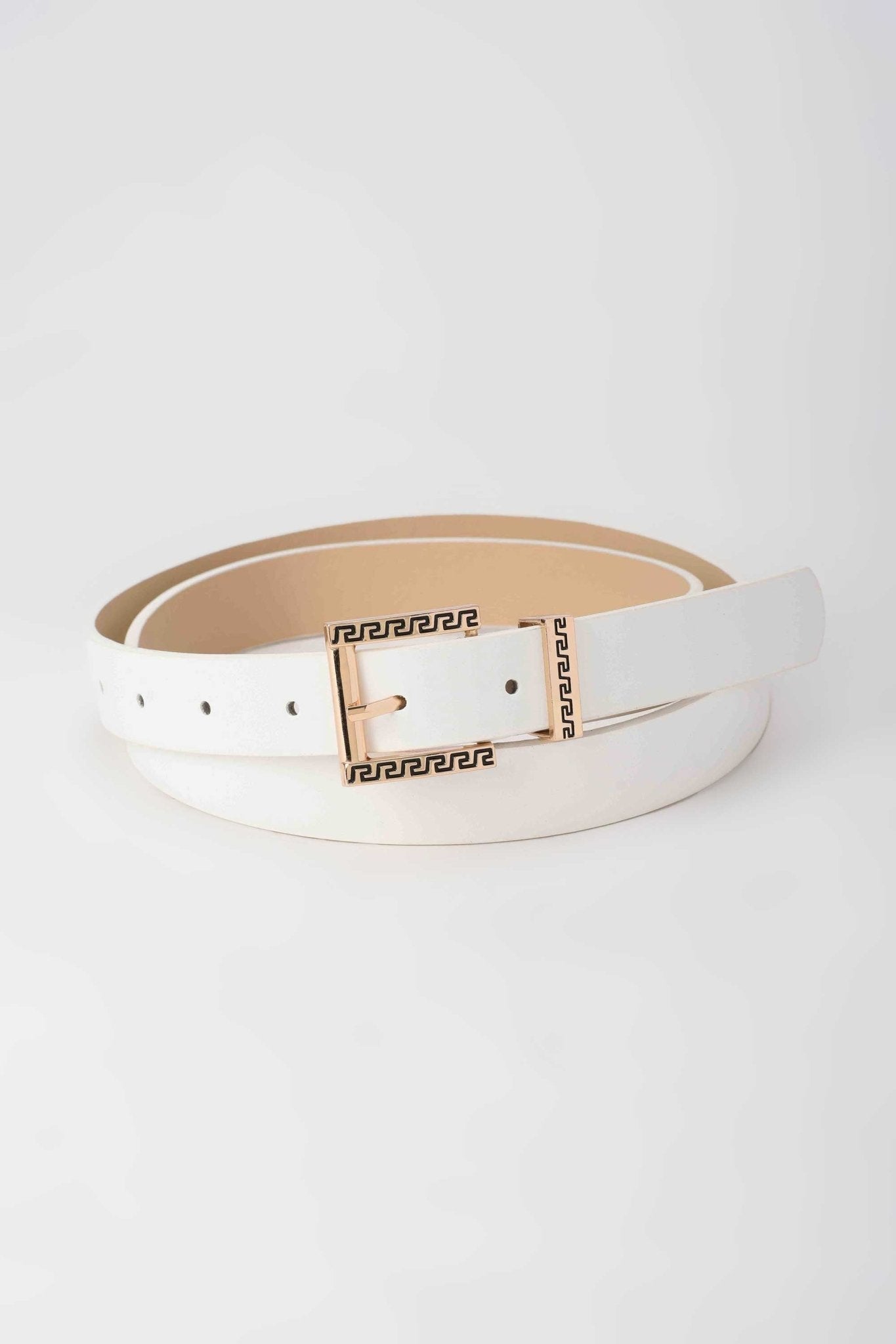 Belt | White Faux Leather with Gold Greca Buckle Belt CZBELT - Cizaro Jeans