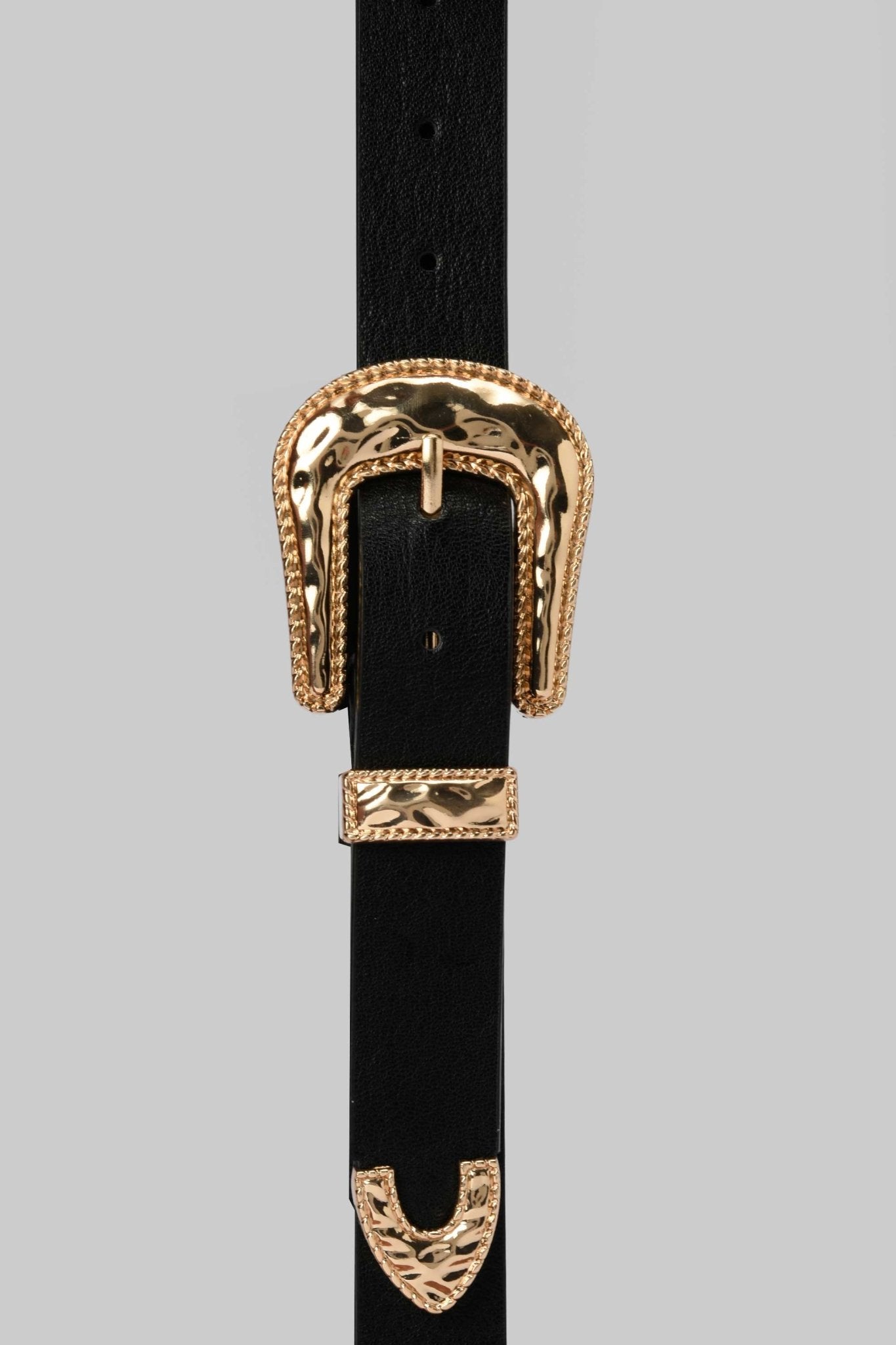 Belt | Black Faux Leather with Gold Western Hammered Buckle Belt CZBELT - Cizaro Jeans
