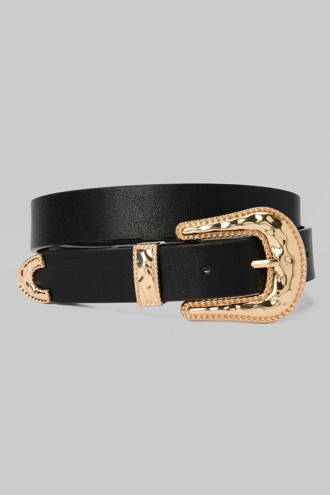 Belt | Black Faux Leather with Gold Western Hammered Buckle Belt CZBELT - Cizaro Jeans