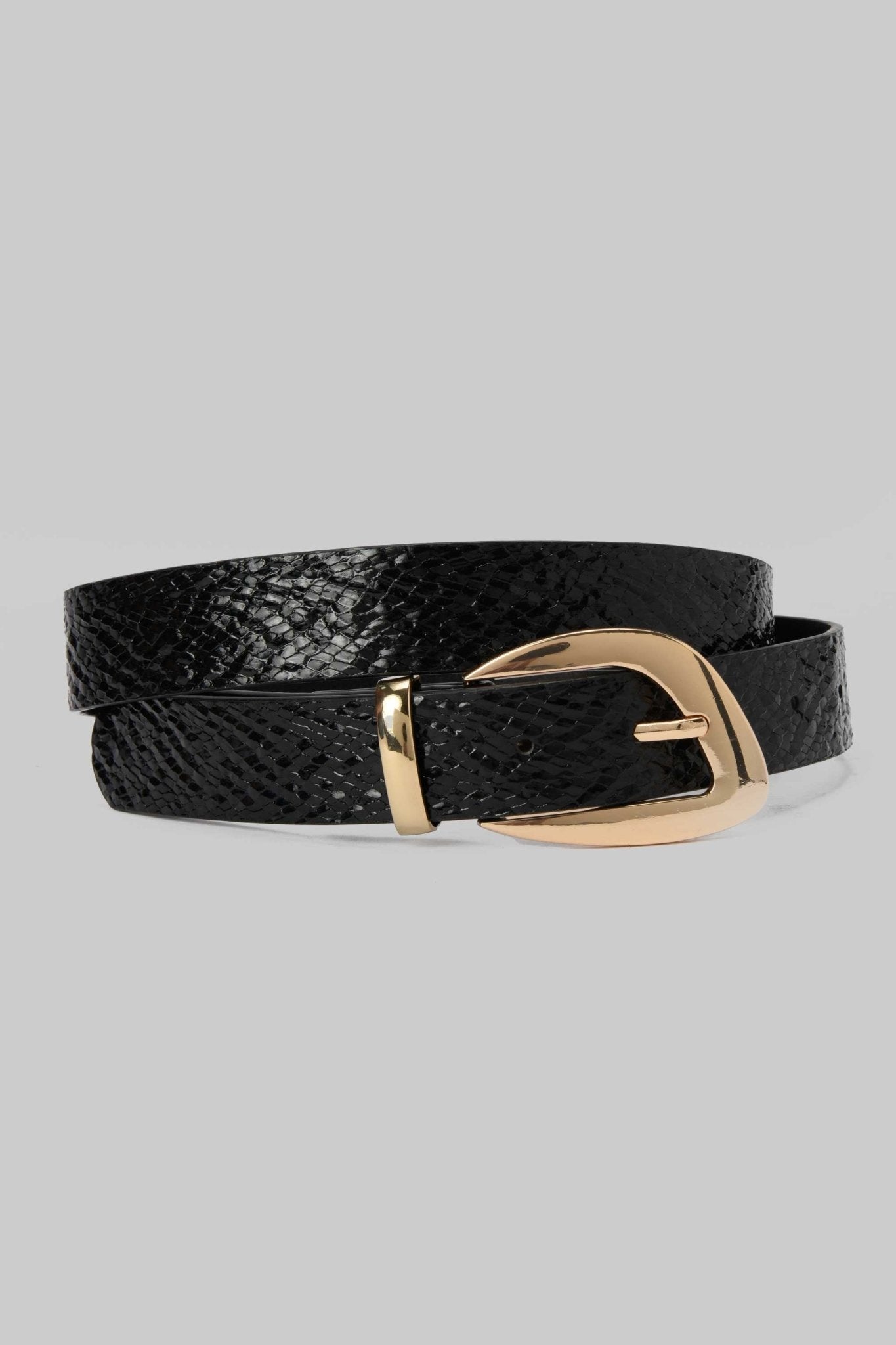 Belt | Black Textured Faux Leather with Gold Sculpted Buckle Belt CZBELT - Cizaro Jeans