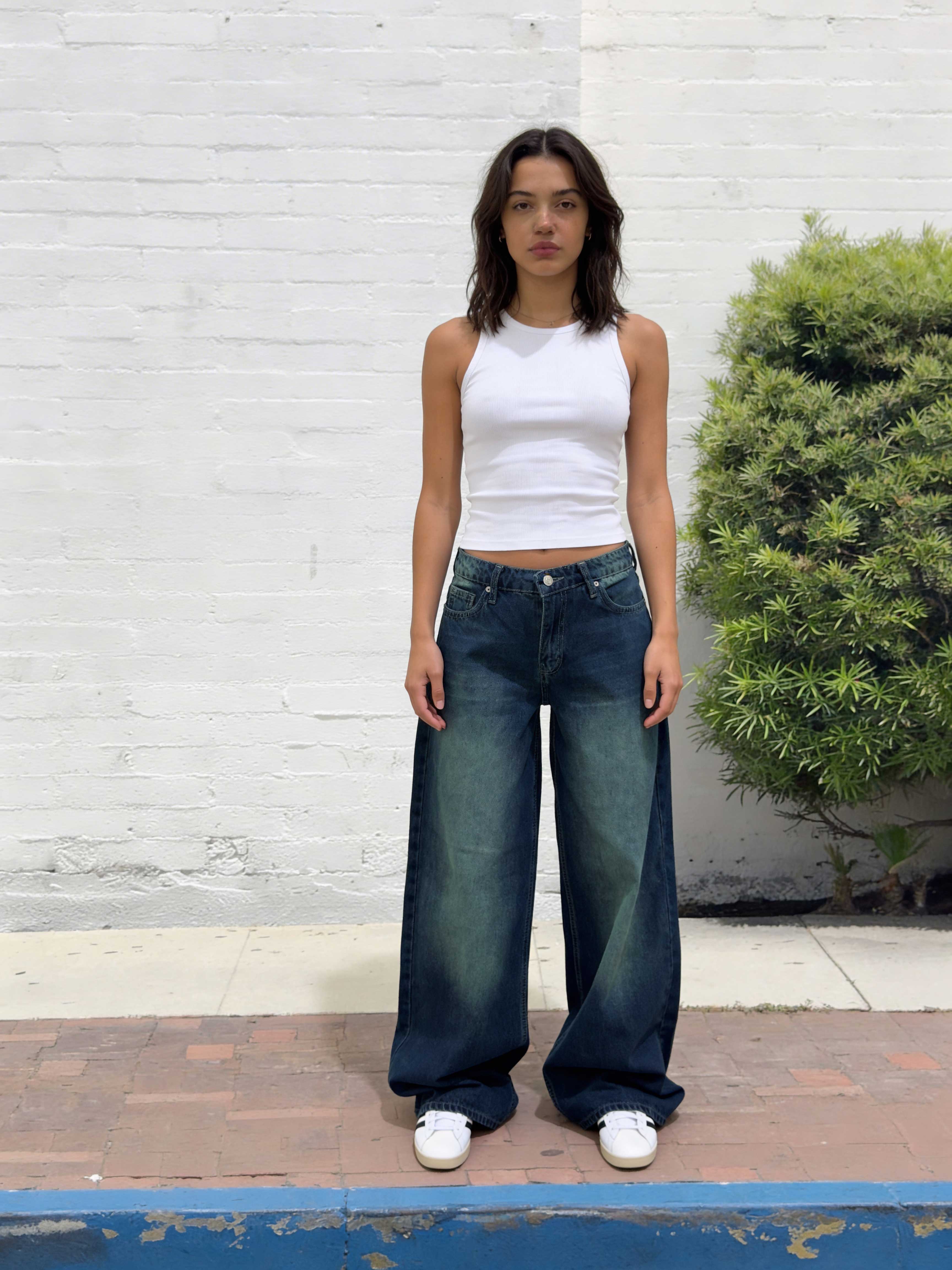Super Baggy - Mid-Waist Dark Blue-Green Washed Jeans Baggy CIZARO - Cizaro Jeans