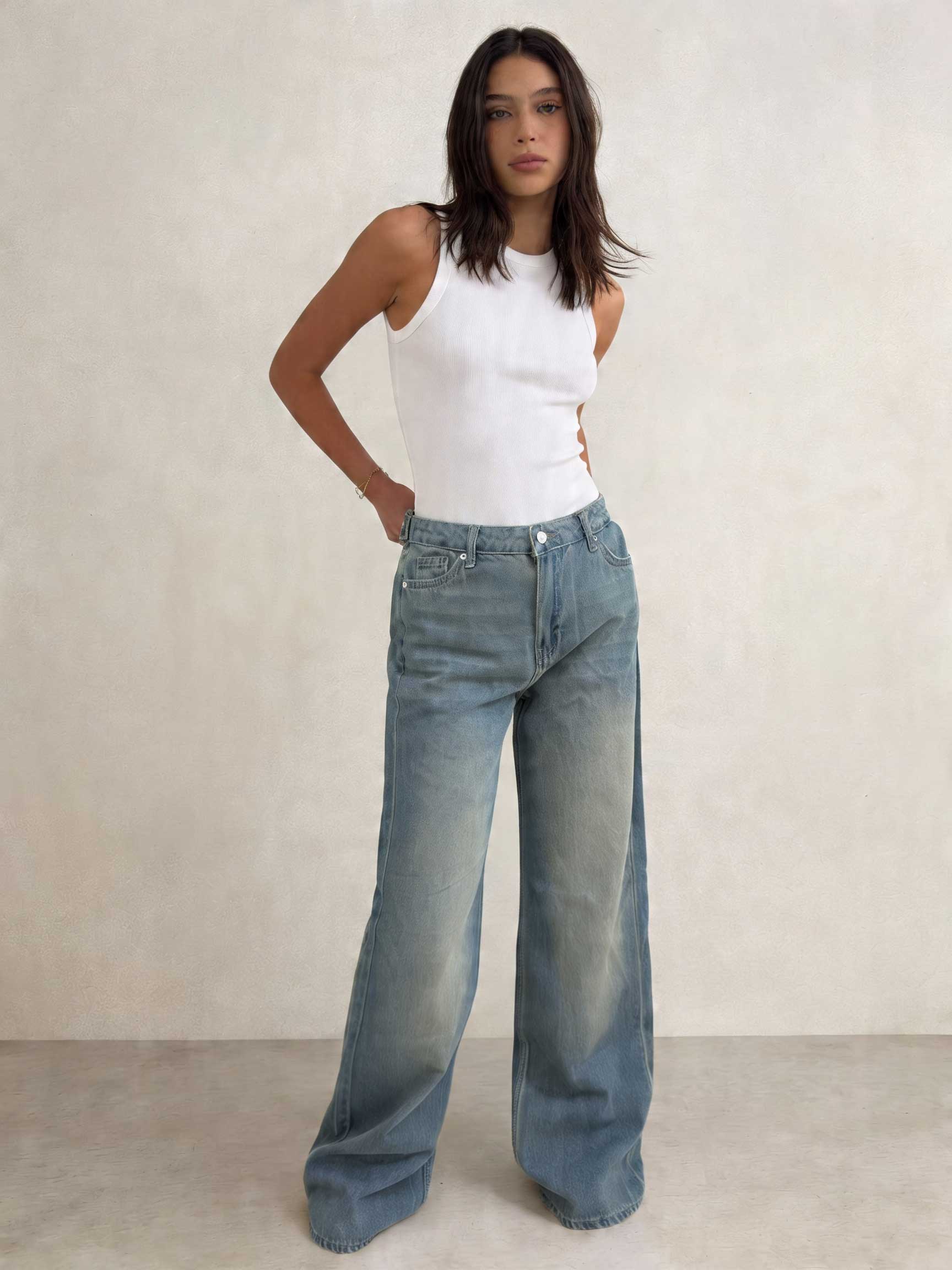 Baggy – High-Waist Flex Waist Light Vintage Green Jeans Baggy - Flex Waist CIZARO - Cizaro Jeans