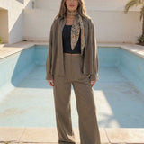 Deep Olive Wide-Leg Trousers – Linen Effect