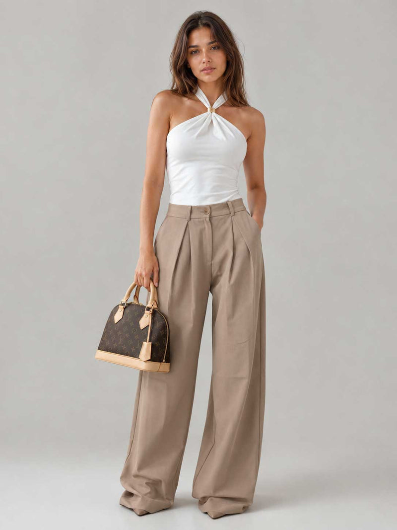 Pleated Wide-Leg Beige Trousers Wideleg CIZARO - Cizaro Jeans