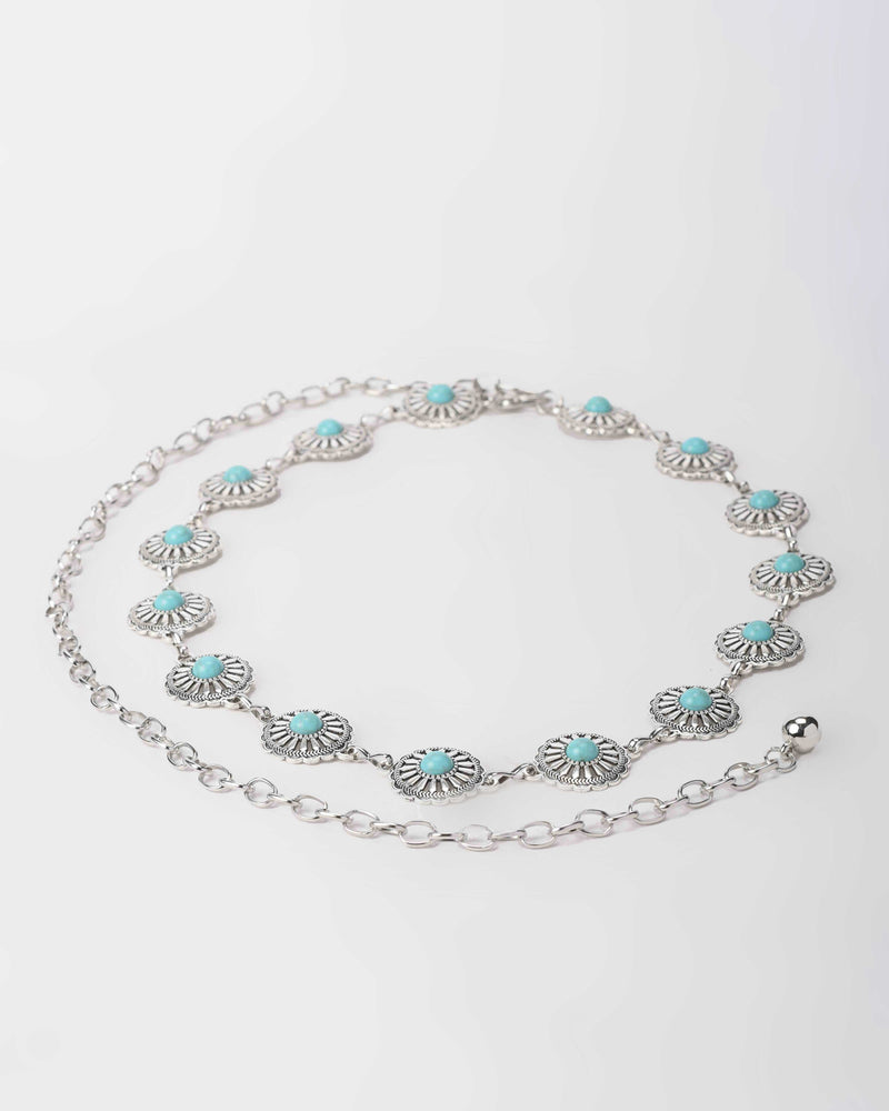 Silver Turquoise Disc Chain Belt Belt CZBELT - Cizaro Jeans