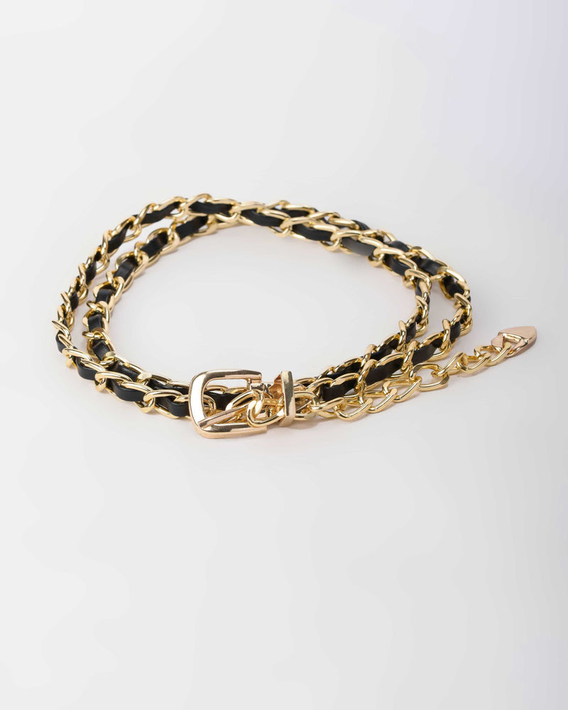 Gold Chain Belt with Black Faux Leather Weave Belt CZBELT - Cizaro Jeans