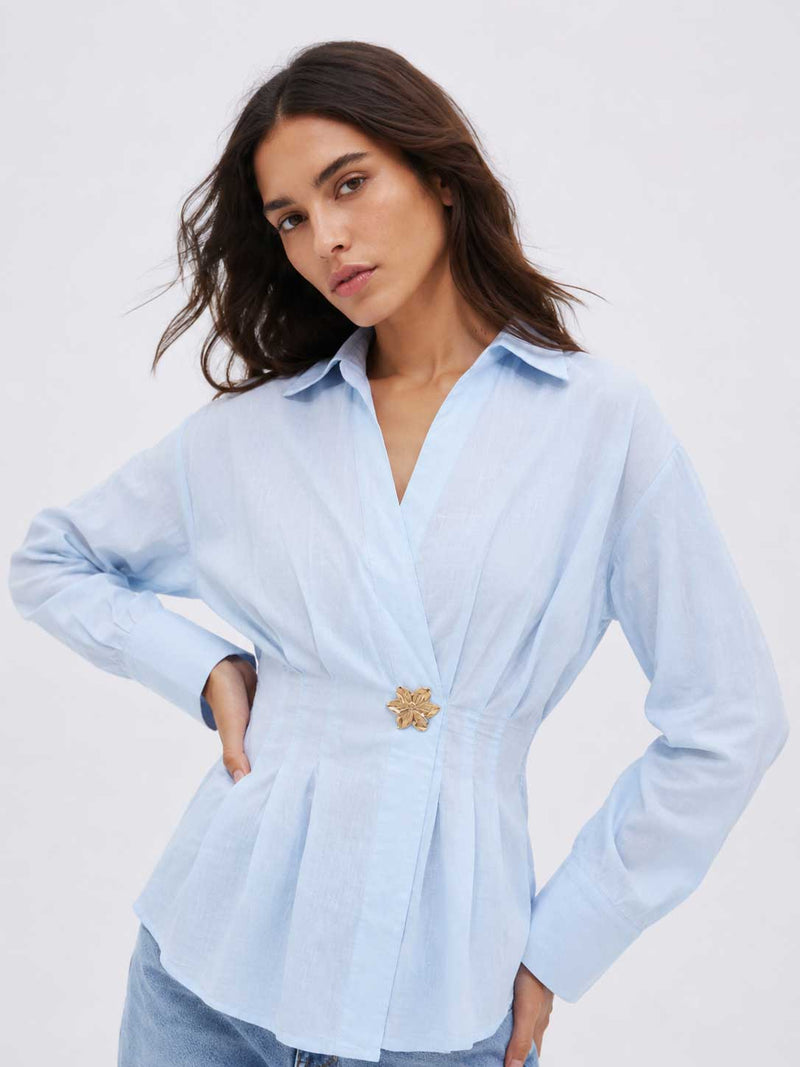 Pleated Waist Linen Blouse – Pastel Blue Blouse CIZARO - Cizaro Jeans