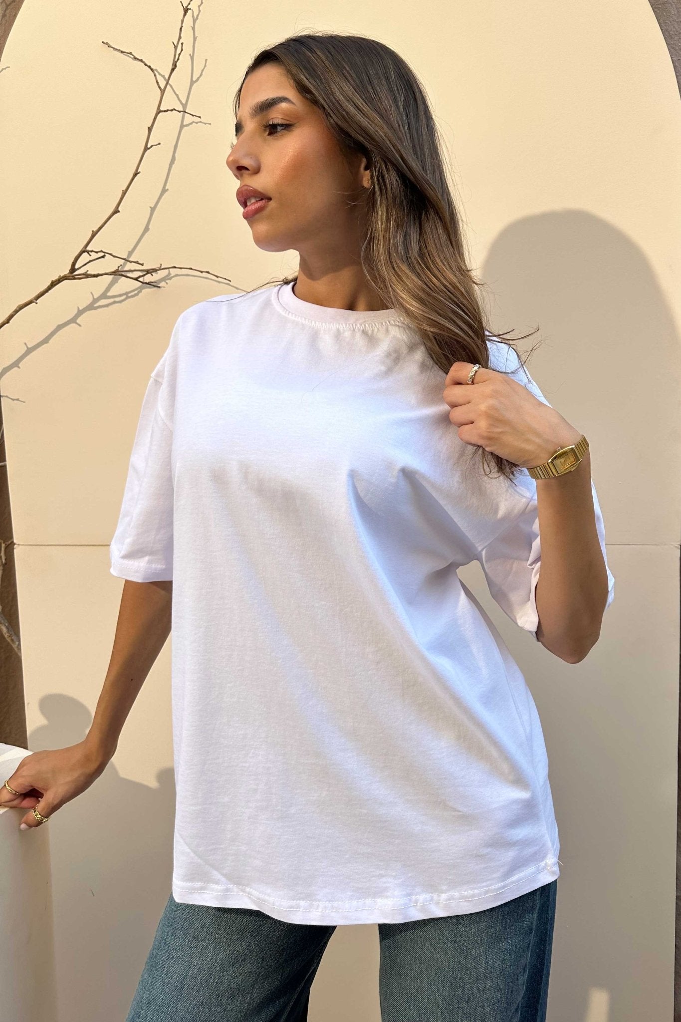 Oversized - High-Round Neck White Tee T-Shirt - Basics CIZNEW - Cizaro Jeans