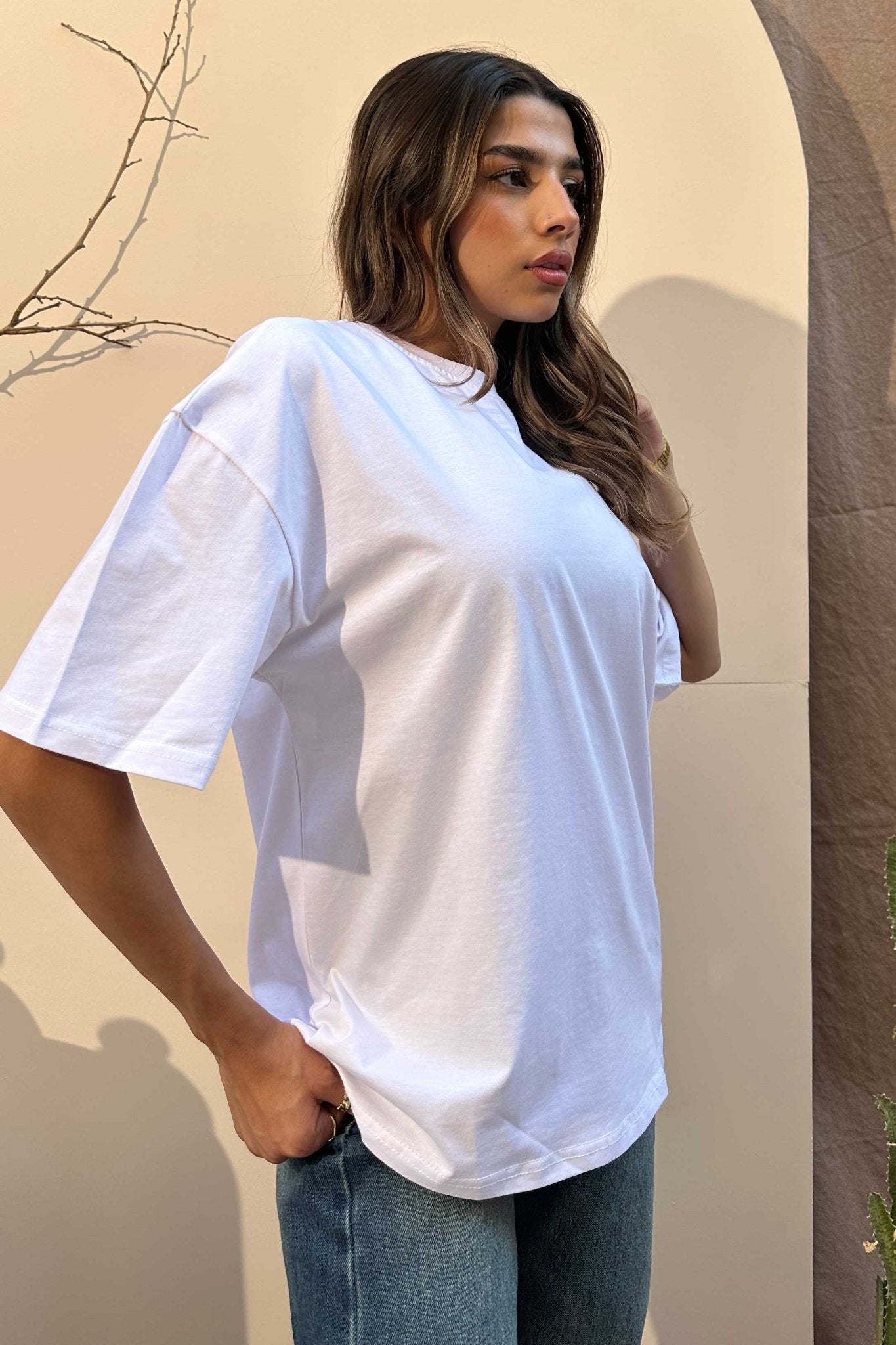 Oversized - High-Round Neck White Tee T-Shirt - Basics CIZNEW - Cizaro Jeans