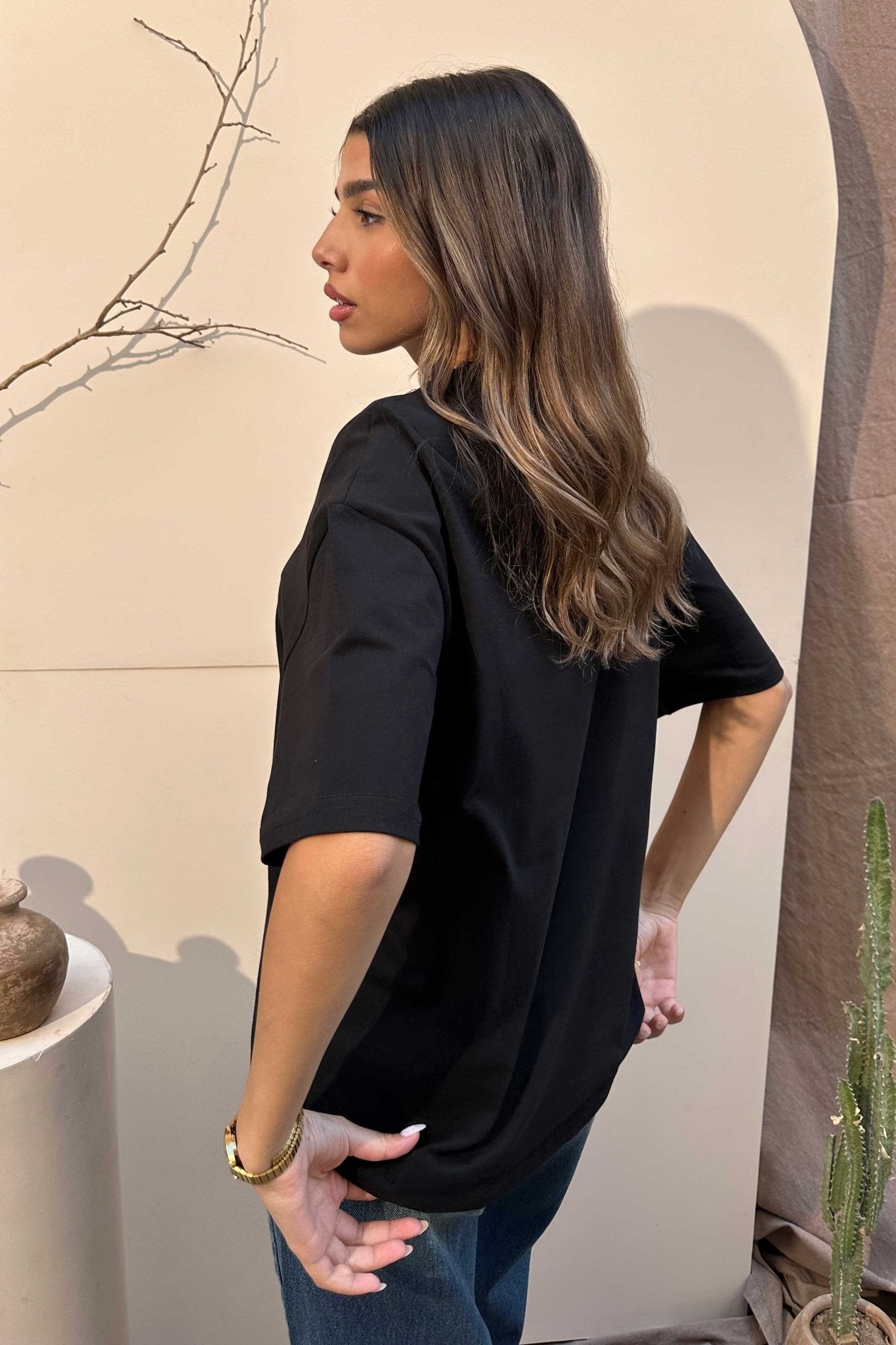 Oversized - High-Round Neck Black Tee T-Shirt - Basics CIZNEW - Cizaro Jeans