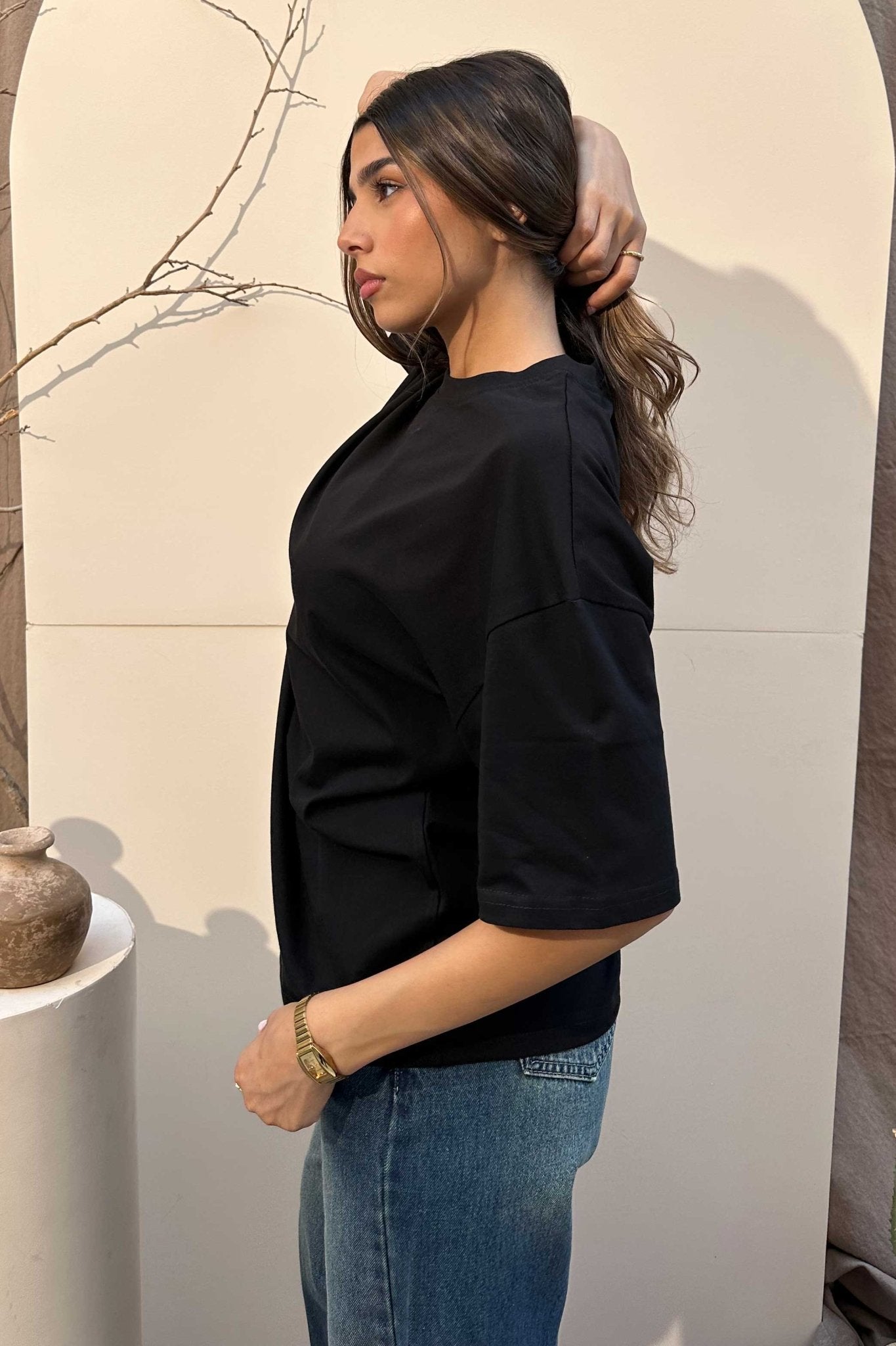 Oversized - High-Round Neck Black Tee T-Shirt - Basics CIZNEW - Cizaro Jeans