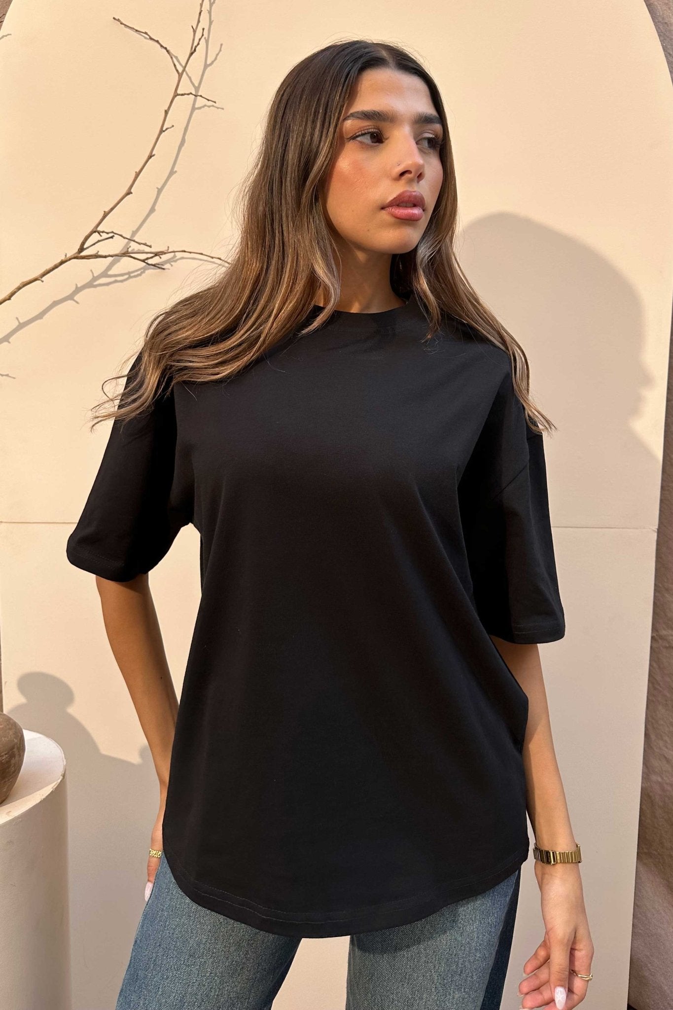 Oversized - High-Round Neck Black Tee T-Shirt - Basics CIZNEW - Cizaro Jeans