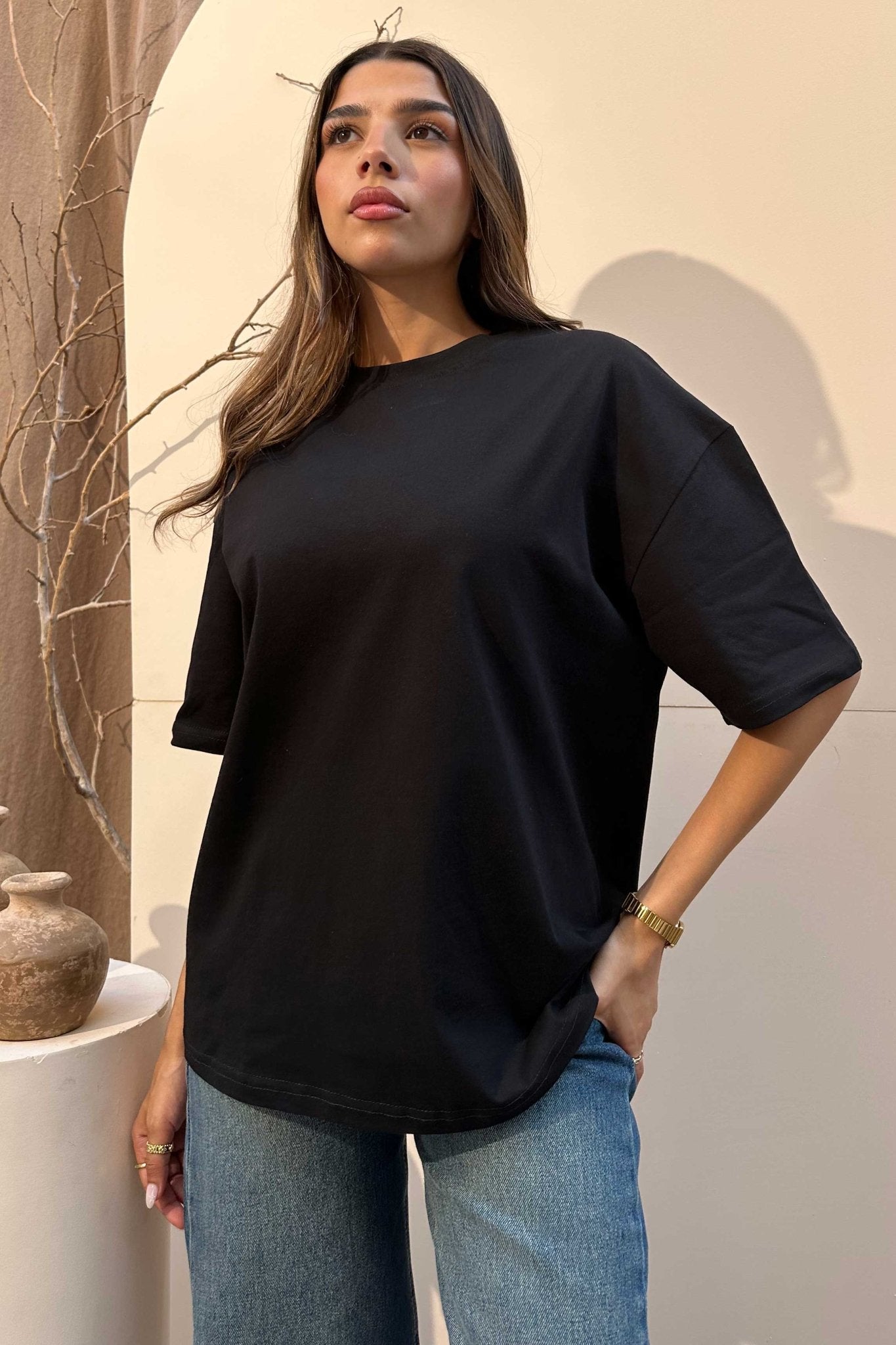 Oversized - High-Round Neck Black Tee T-Shirt - Basics CIZNEW - Cizaro Jeans
