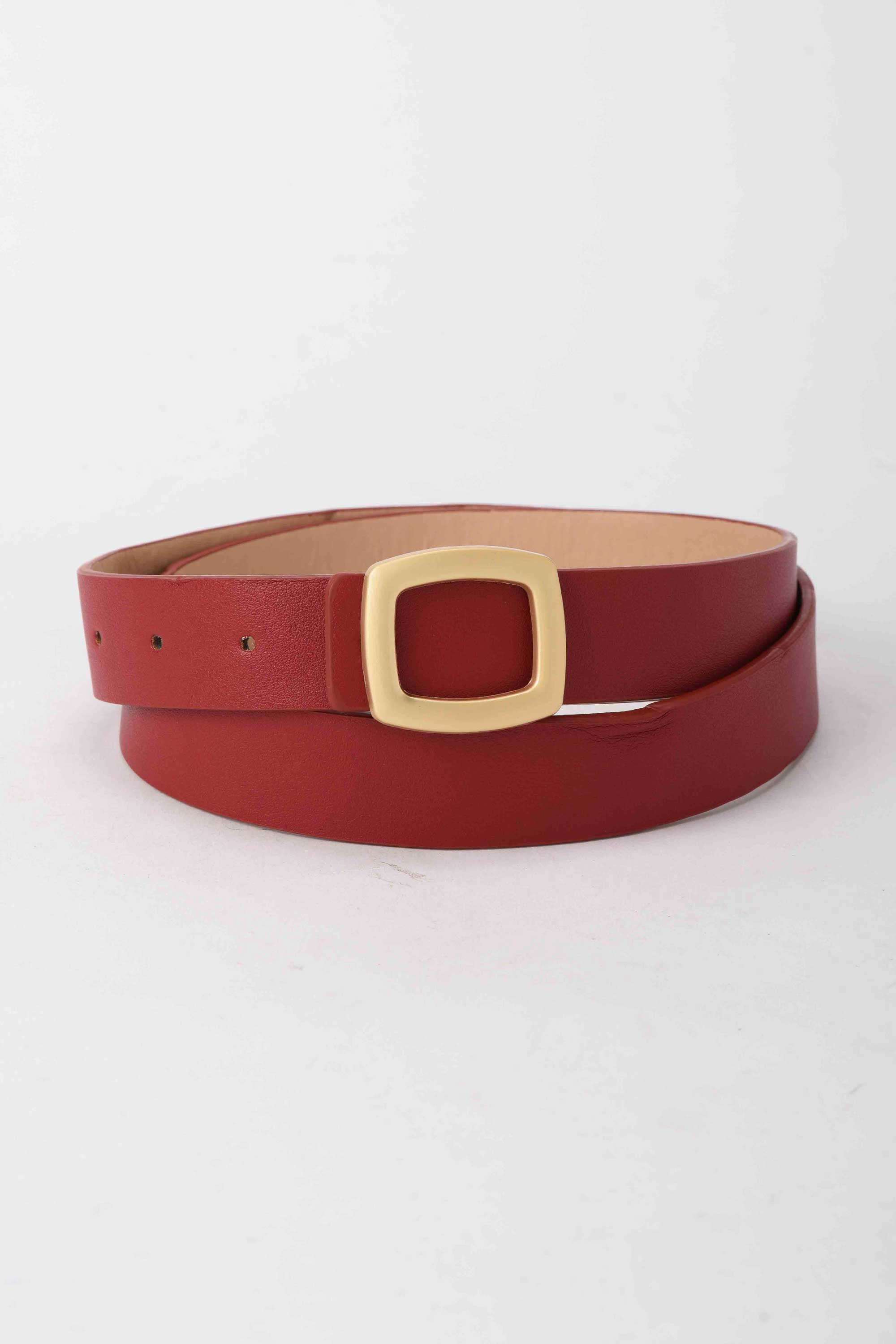 Belt | The Soft Square Belt – Red Faux Leather Slim with Matte Gold Buckle Belt CZBELT - Cizaro Jeans