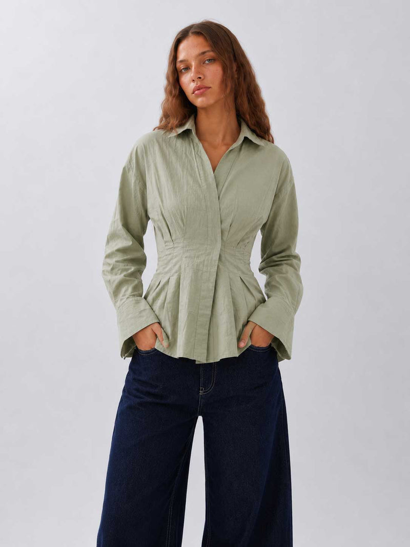 Pleated Waist Linen Blouse pastel Olive Blouse CIZARO - Cizaro Jeans