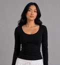 Double-Layer Fitted Long Sleeve U-Neck Top – Black