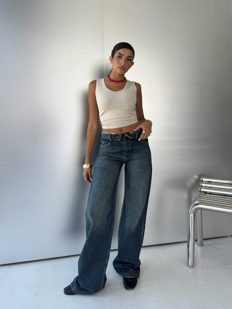 Folded Waistband Baggy – Low-Waist Dark Vintage Green Jeans