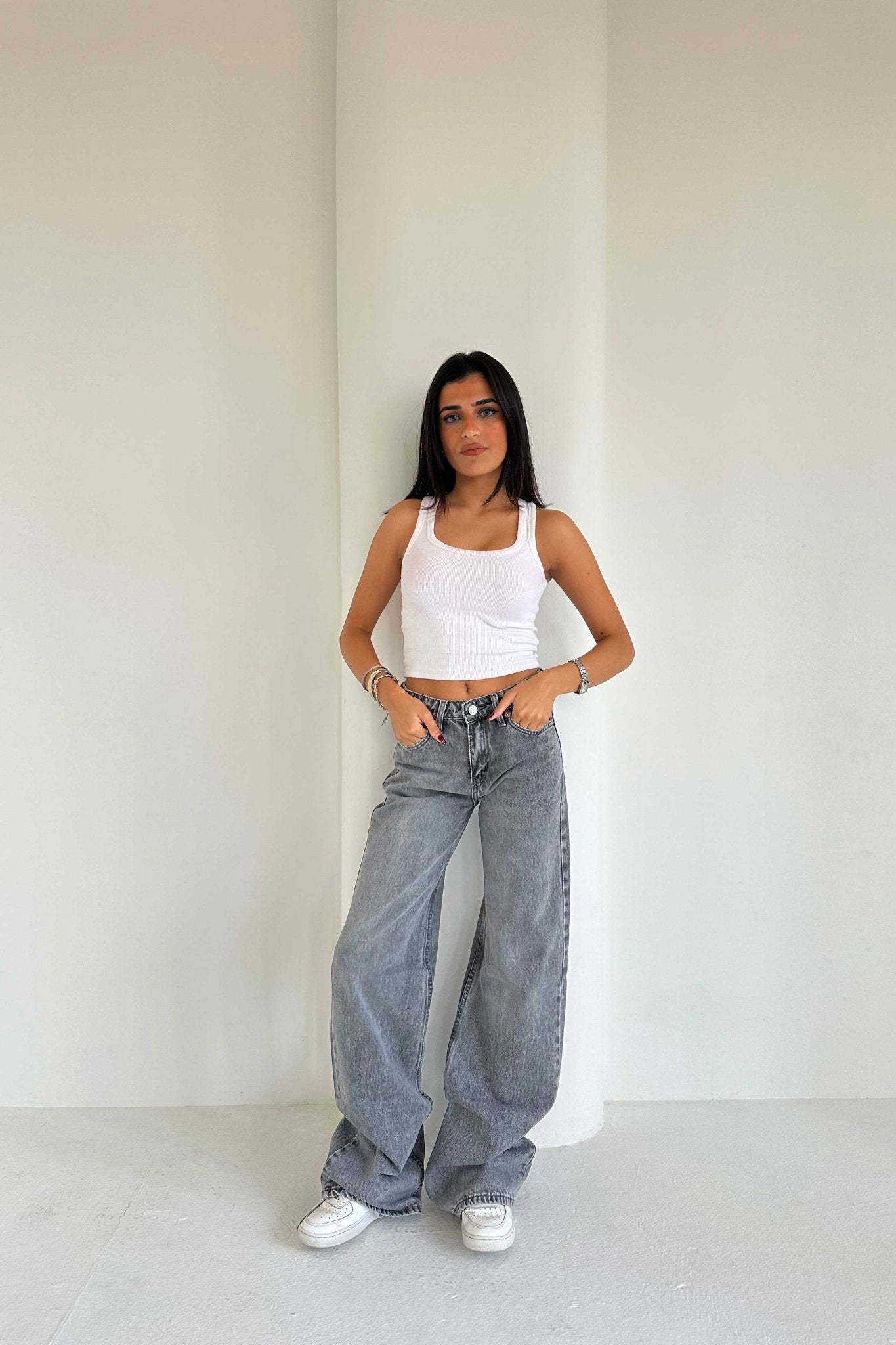 Baggy – Mid Rise Flex Waist Mid Grey Washed Jeans Baggy CIZARO - Cizaro Jeans