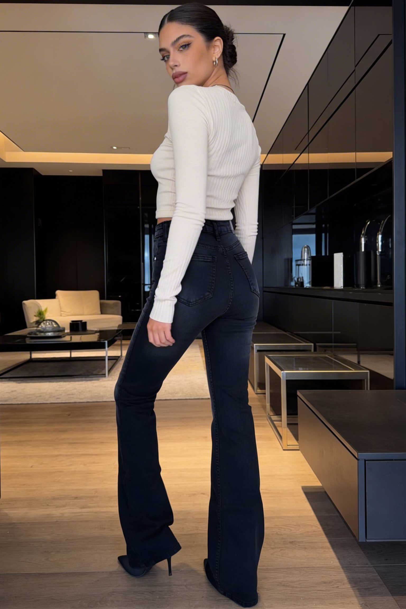 Flare – High-Waist Washed Black Jeans