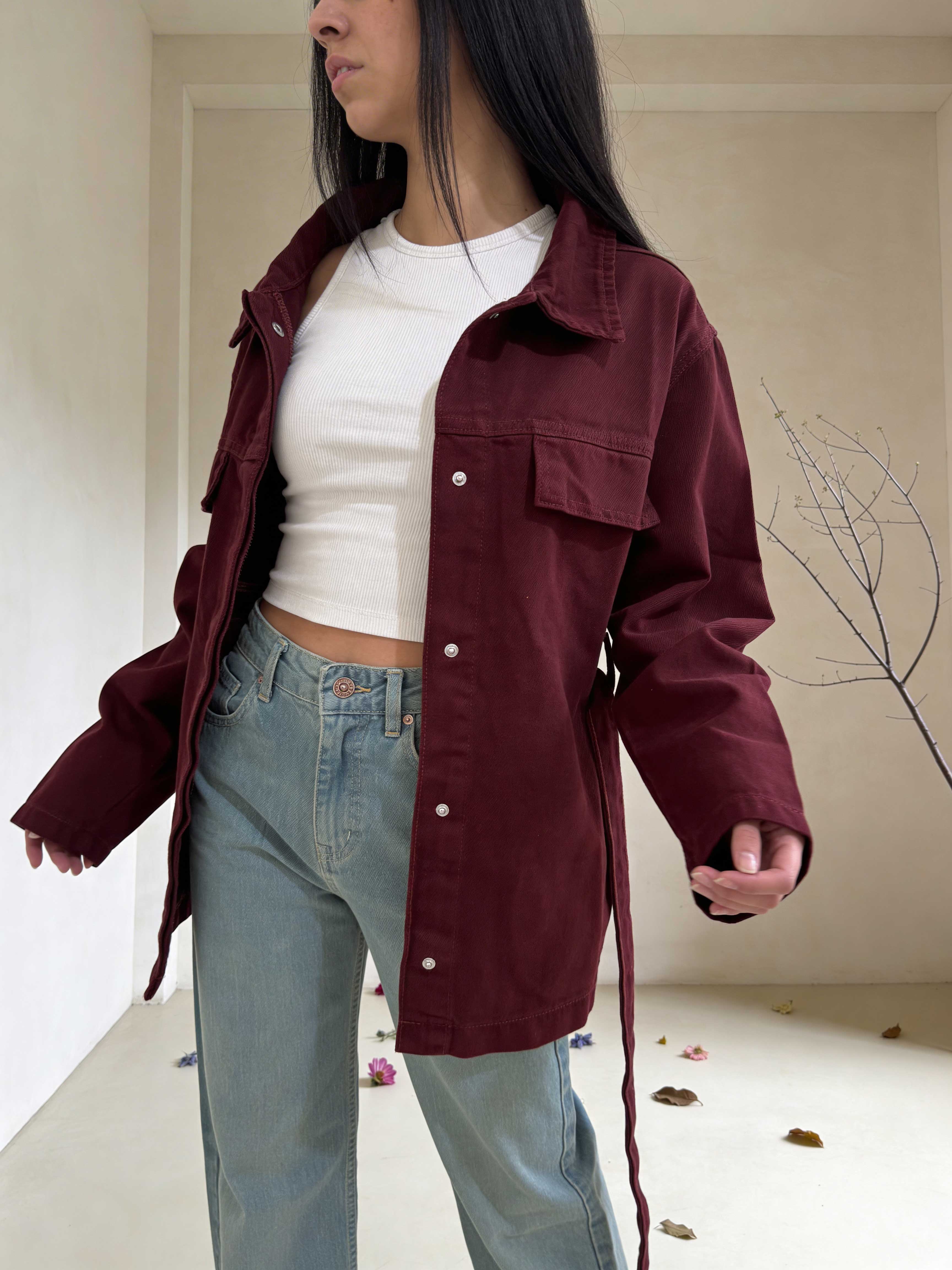 Belted oversized denim jacket burgundy Jacket - tops CIZARO - Cizaro Jeans