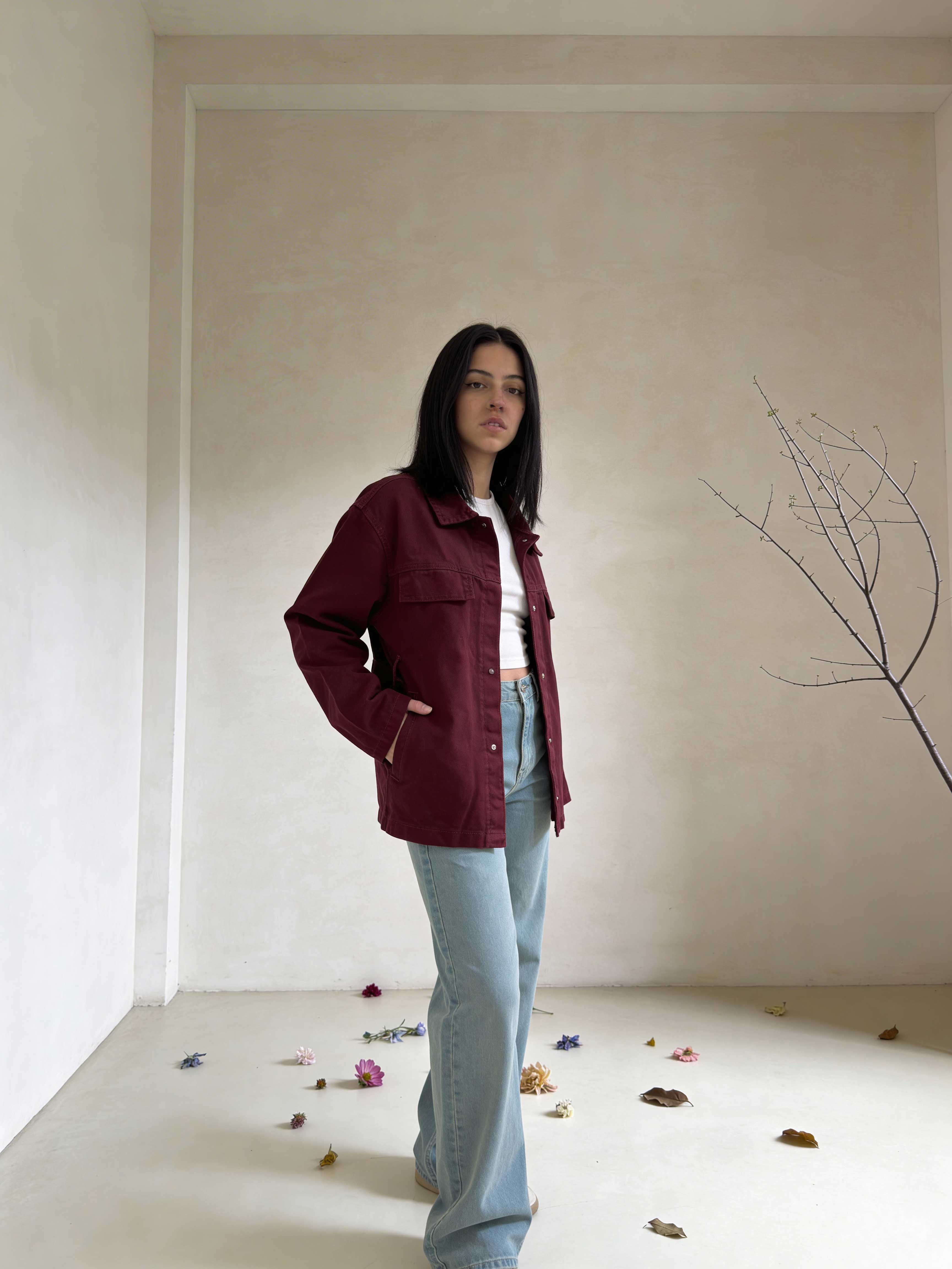 Belted oversized denim jacket burgundy Jacket - tops CIZARO - Cizaro Jeans