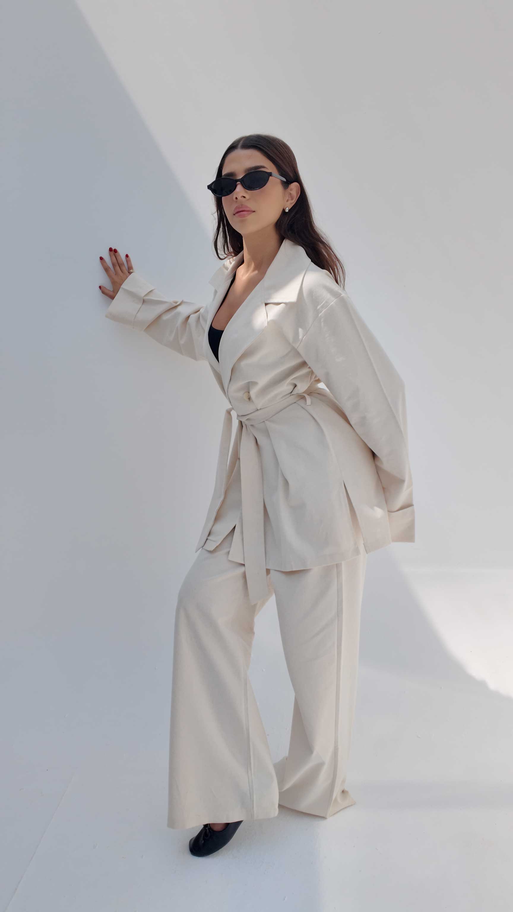 Oversized Belted Cardigan Ecru linen effect