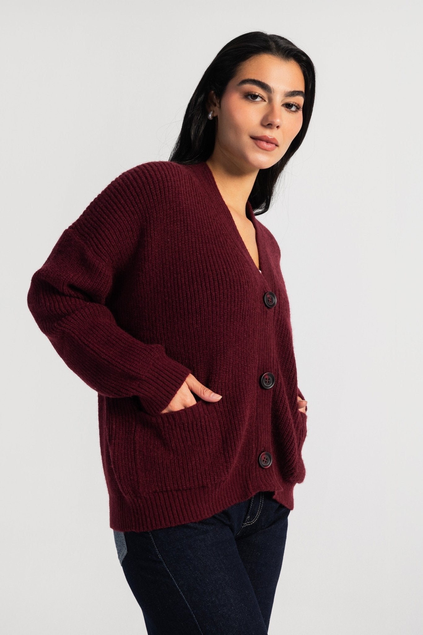 Knit Cardigan – Chunky Relaxed Burgundy Cardigan CIZARO - Cizaro Jeans