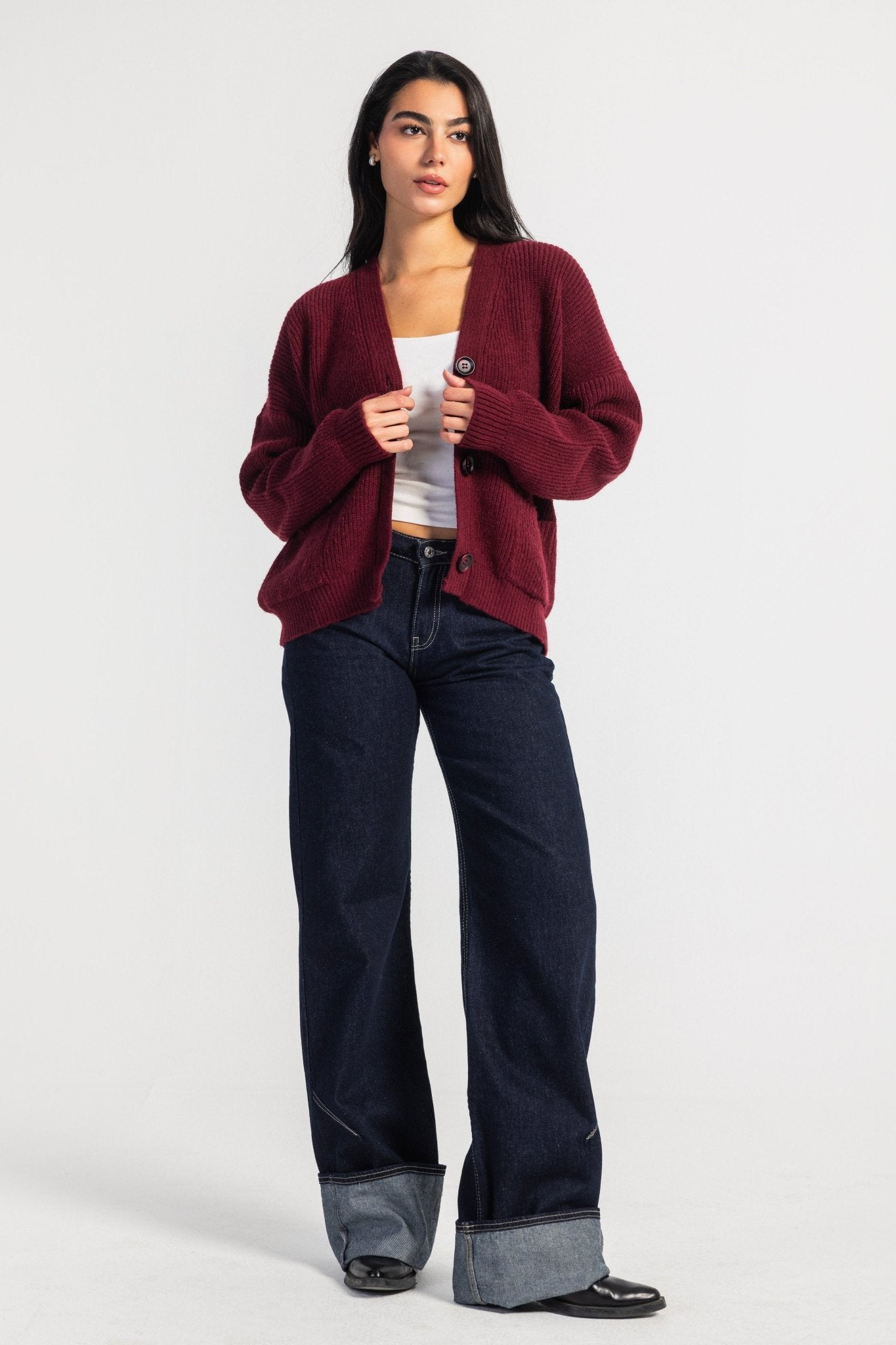 Knit Cardigan – Chunky Relaxed Burgundy Cardigan CIZARO - Cizaro Jeans