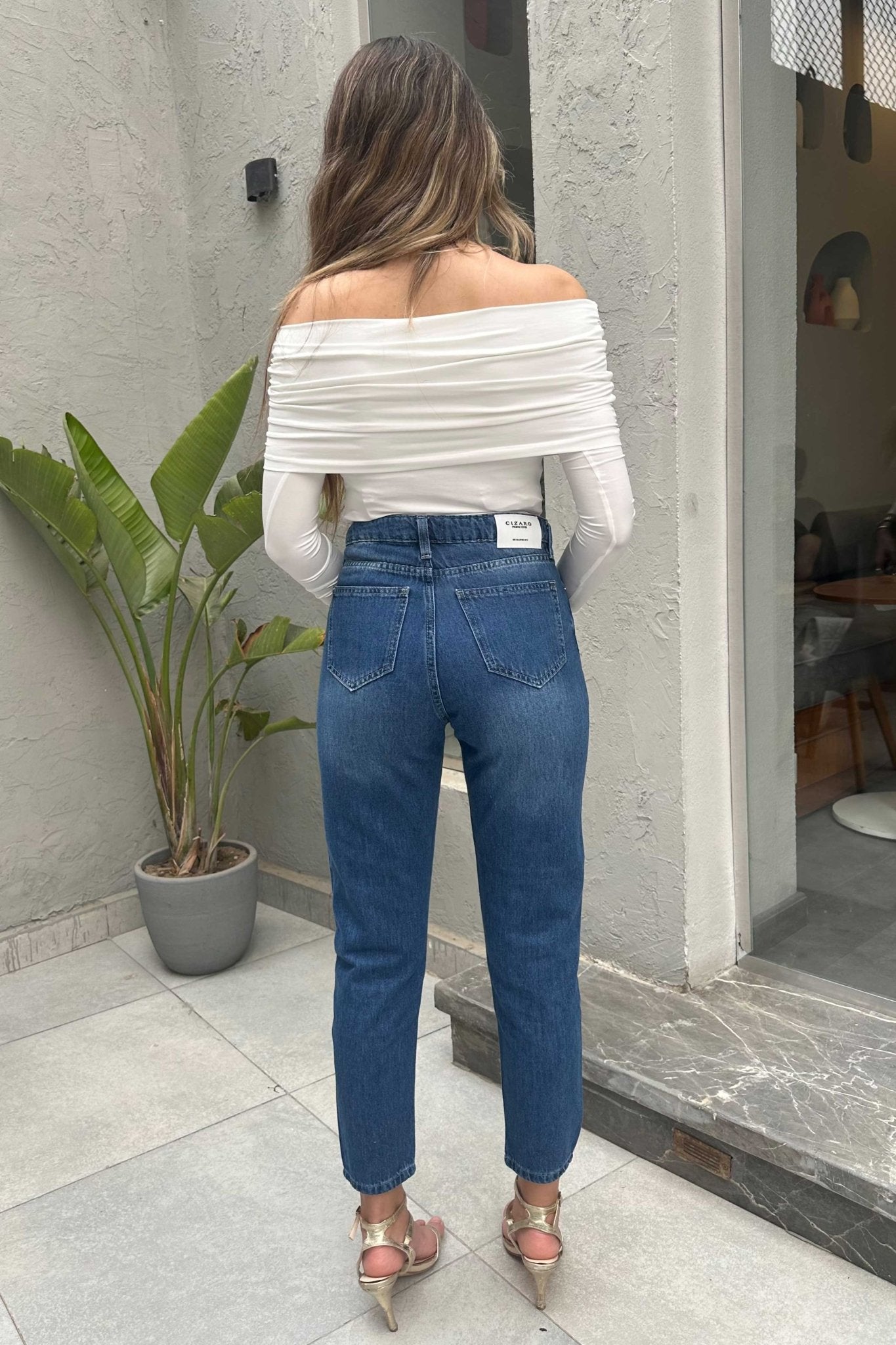 Mom Fit | High-Waist Navy Blue Jeans Mom-Fit CIZARO - Cizaro Jeans