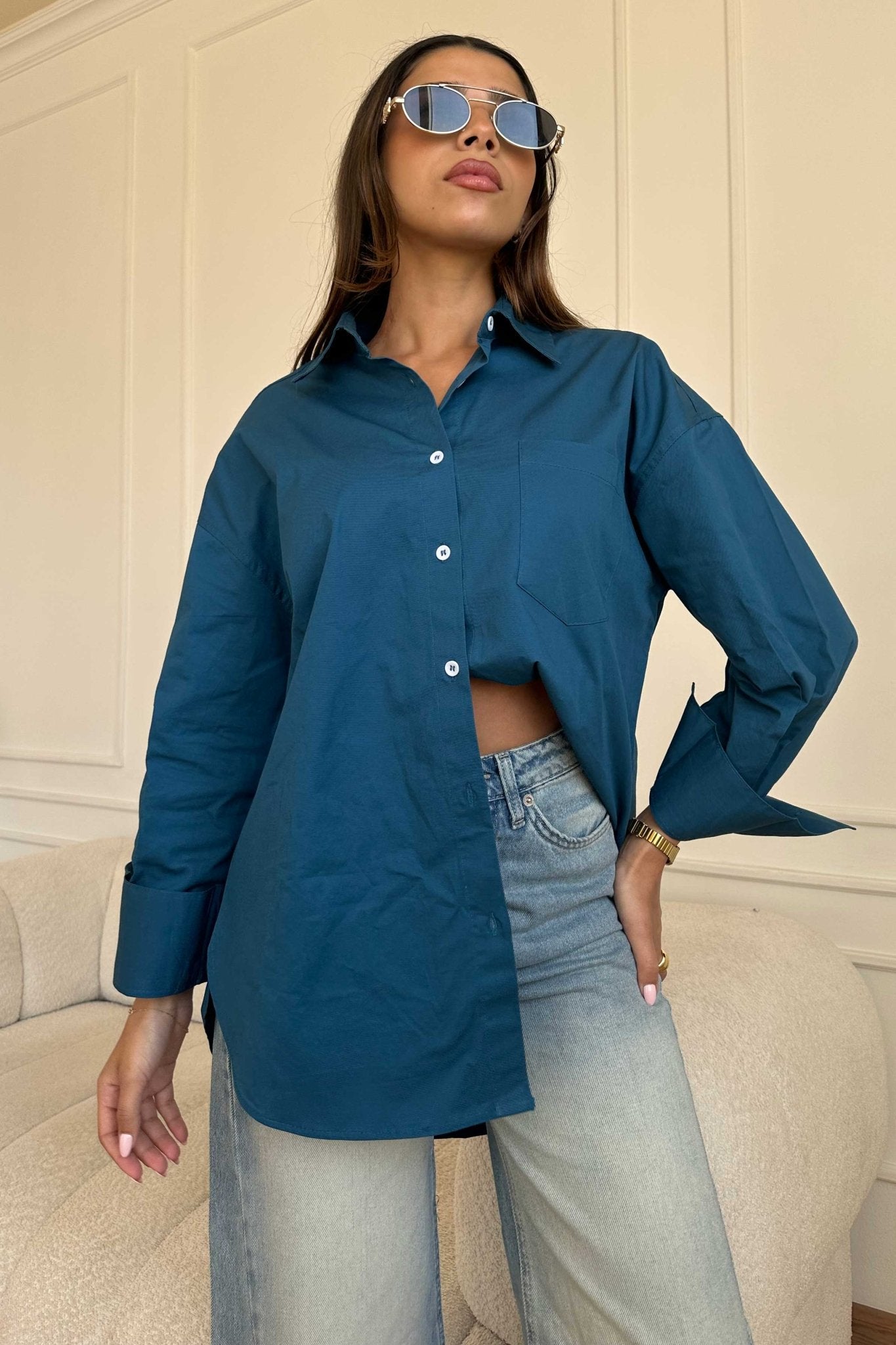 Oversized - Deep Teal Button-Down Shirt Shirt CIZNEW - Cizaro Jeans
