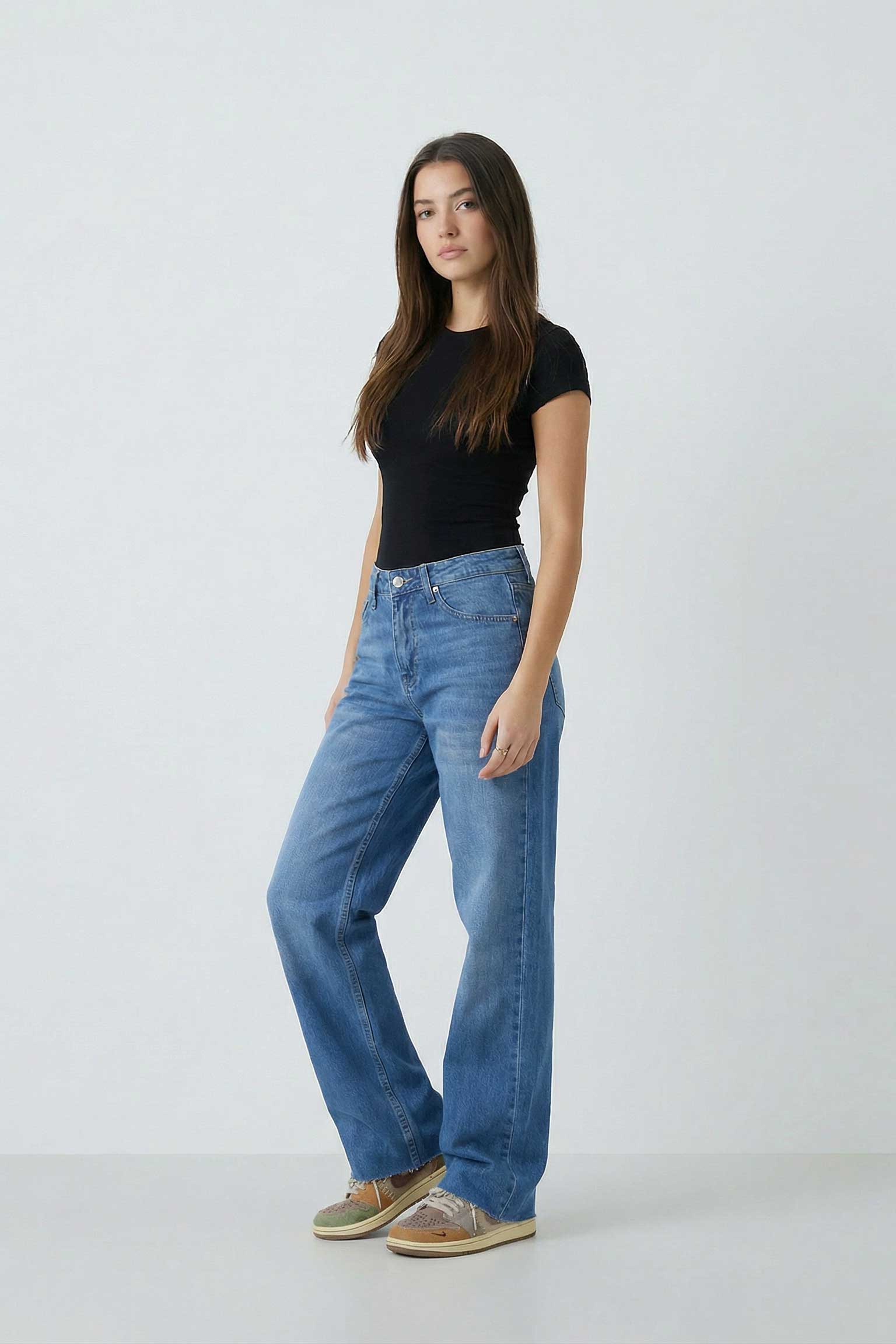 Straight – Mid-Waist Ocean Blue Raw Hem Jeans Straight CIZARO - Cizaro Jeans