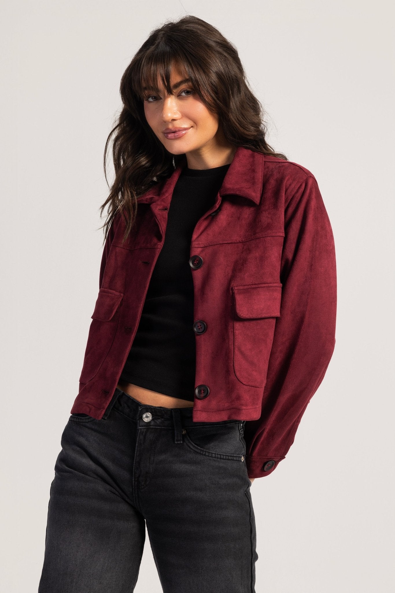 Cropped Suede Jacket – Burgundy Jacket CIZARO - Cizaro Jeans