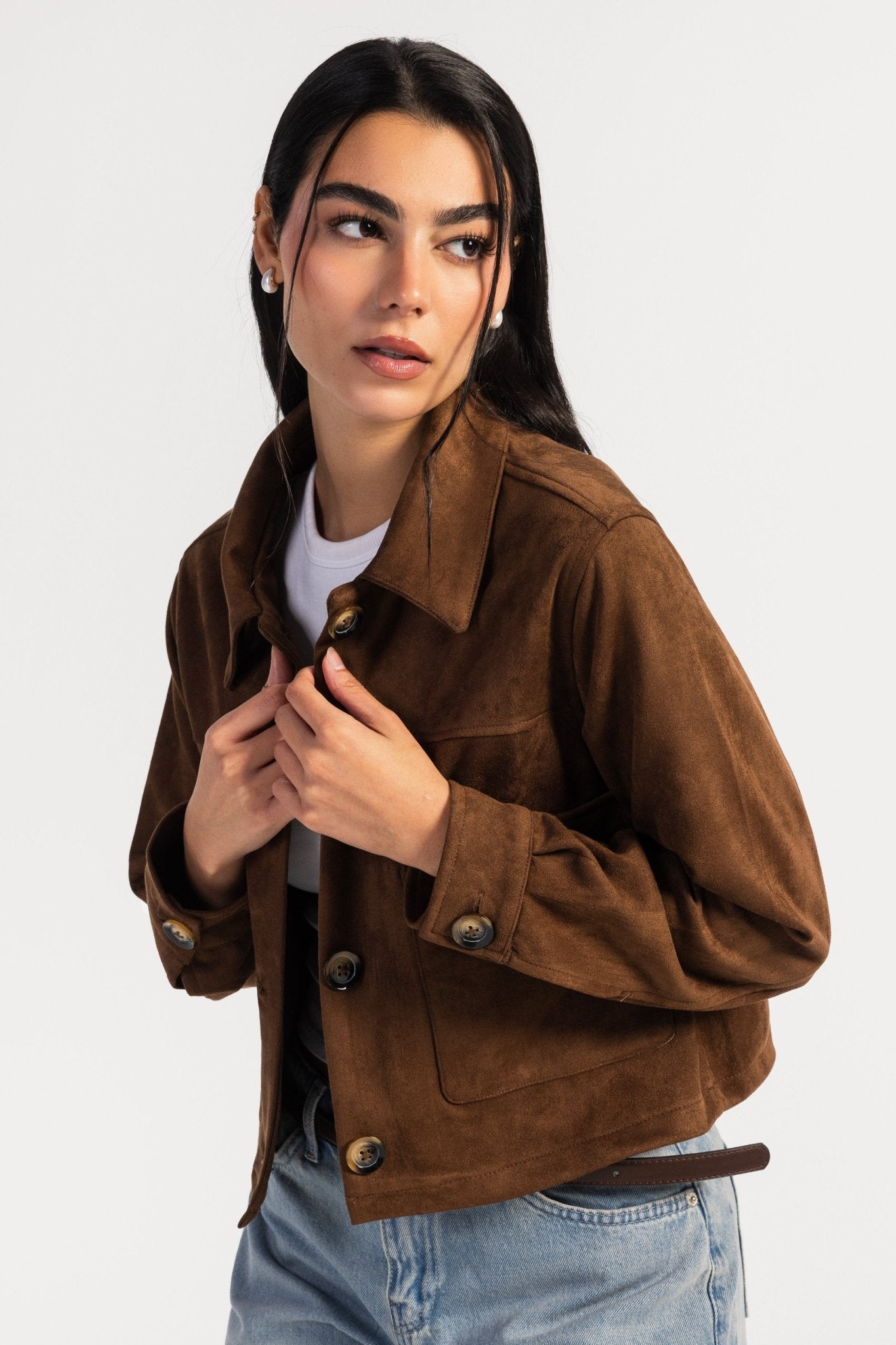 Cropped Suede Jacket – Chocolate Brown Jacket CIZARO - Cizaro Jeans