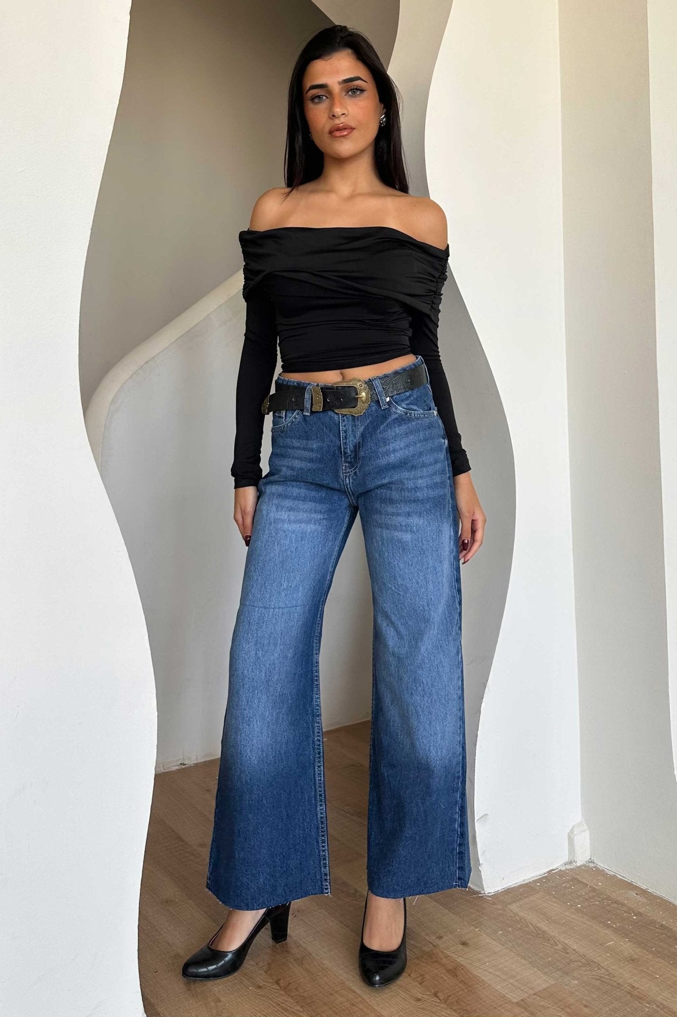 Cropped Wide Leg – Mid Rise Ocean Blue Jeans Wide-Leg CIZARO - Cizaro Jeans