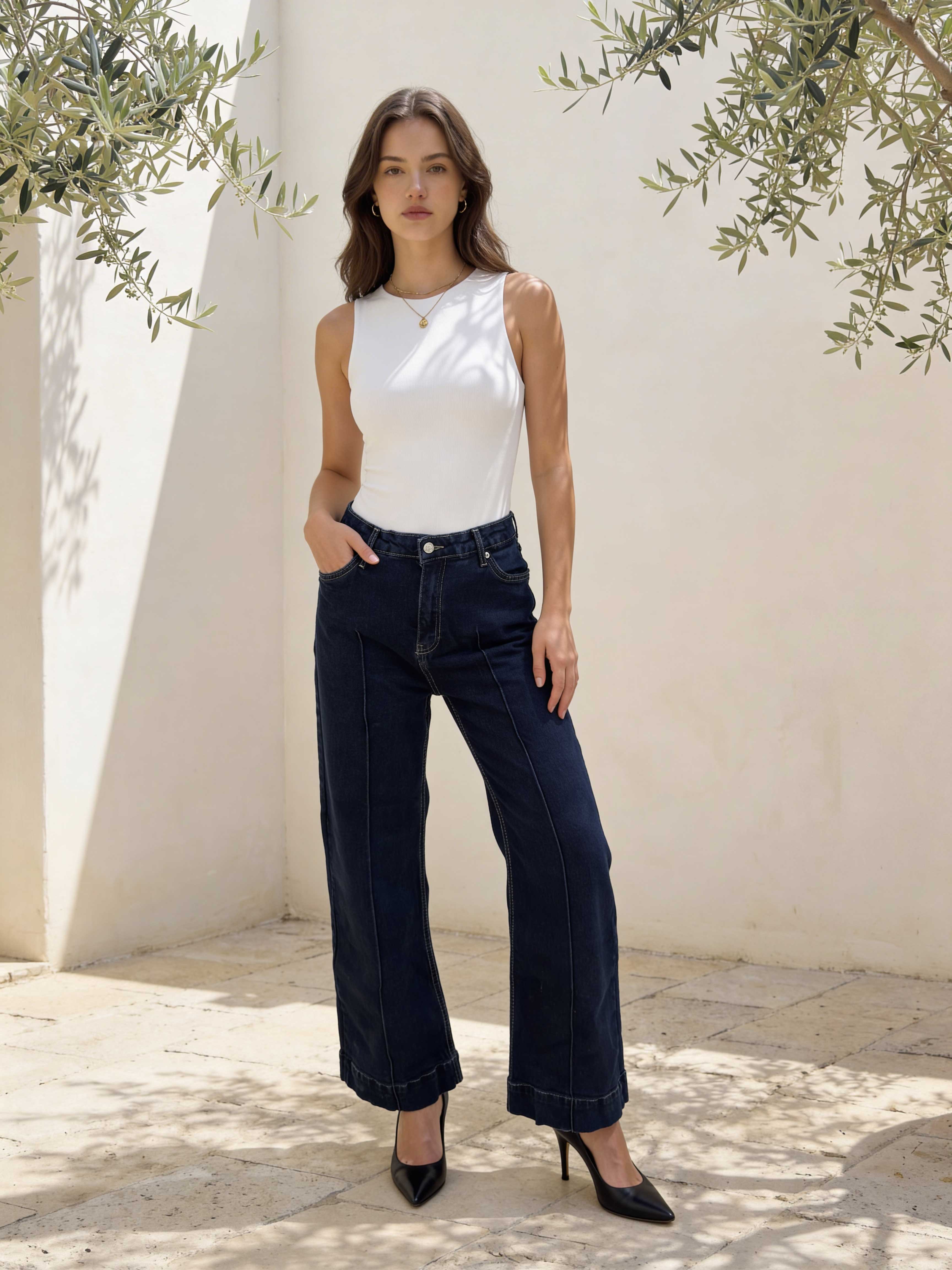 Cropped Wide-Leg High-Waist Deep Denim Jeans Wide Leg CIZARO - Cizaro Jeans
