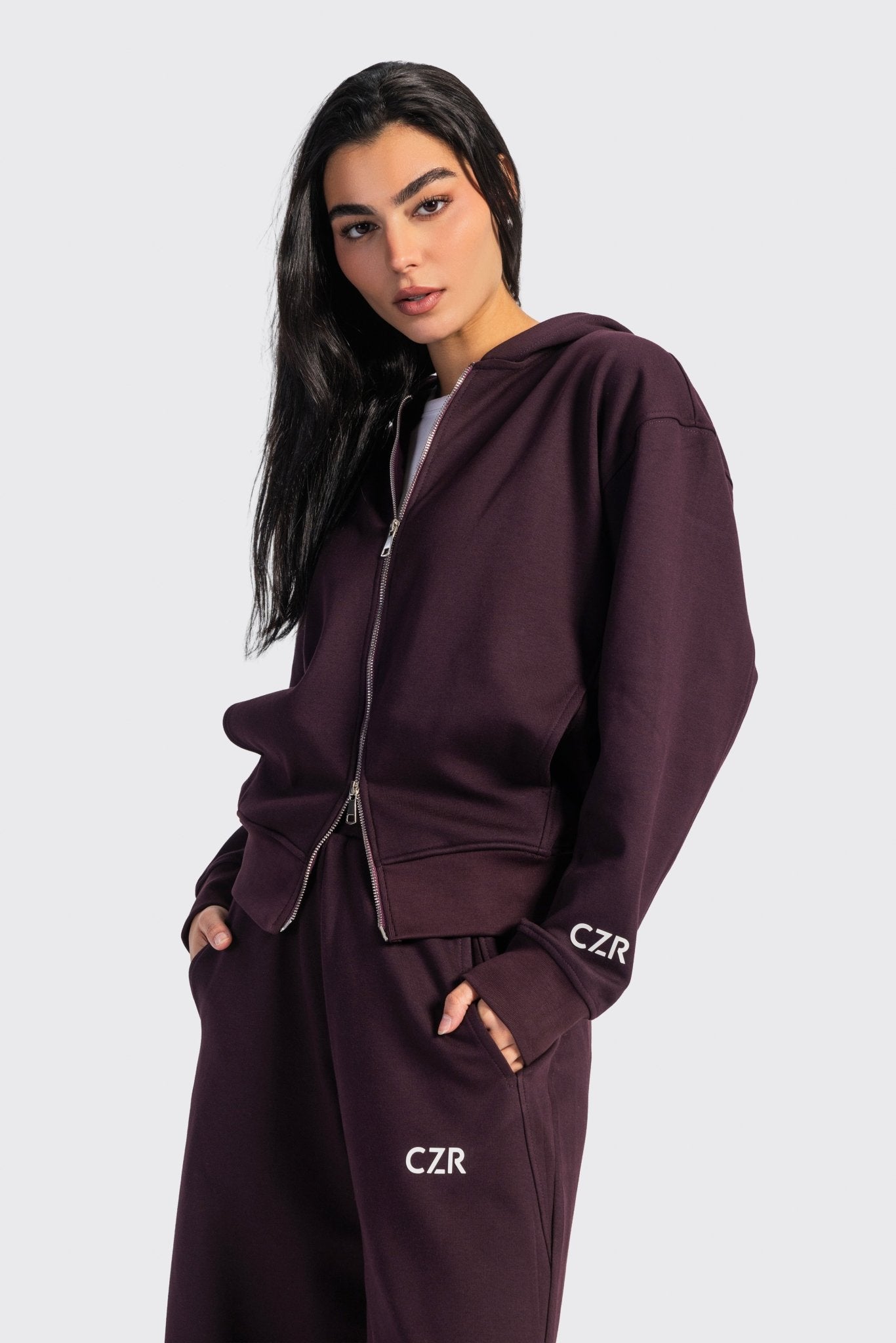 Full-Zip Oversized Hoodie – Burgundy Hoodie CIZARO - Cizaro Jeans