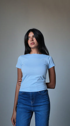 Pastel Blue Short Sleeve Crew-Neck Fitted Top Basic top CIZARO - Cizaro Jeans