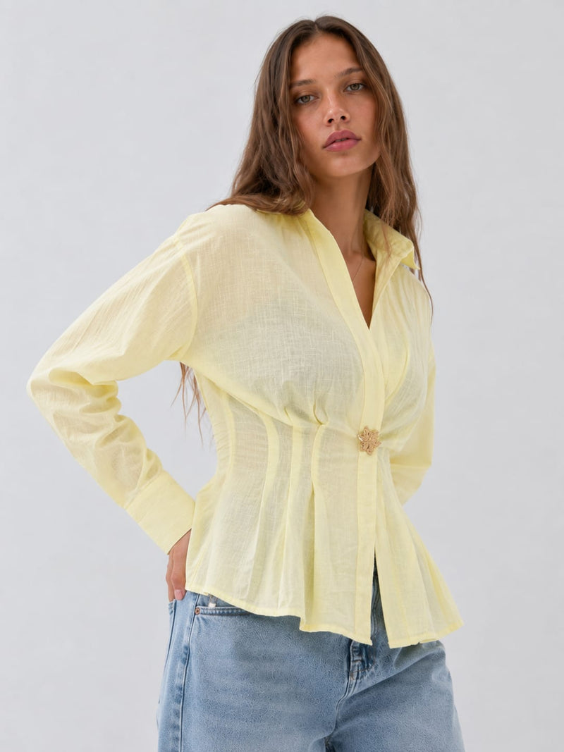 Women Long Sleeve Butter Yellow Blouse Blouse CIZARO - Cizaro Jeans