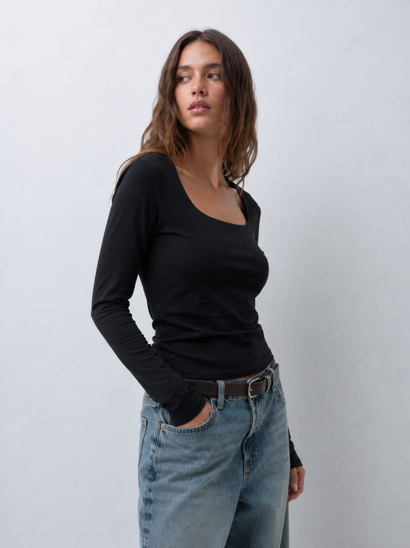 Women Long Sleeve Black Scoop Neck Basic Top Top CIZARO - Cizaro Jeans