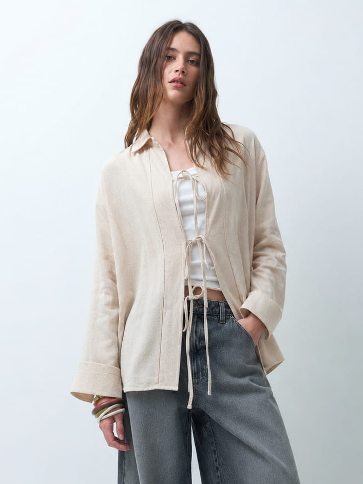Linen Blend Open Front Cardigan – Beige Cardigan CIZARO - Cizaro Jeans