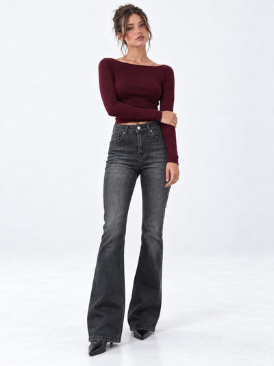 Flare High-Waist Washed Charcoal Gray Jeans