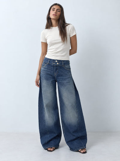 Super Baggy Mid-Waist Double-Buckle Dark Vintage Blue Jeans Super Baggy CIZARO - Cizaro Jeans