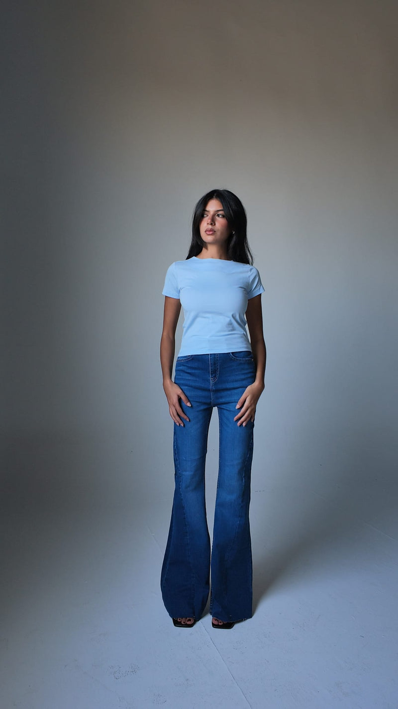 Super Flare High-Waist Marine Mid Blue Jeans Super Flare CIZARO - Cizaro Jeans