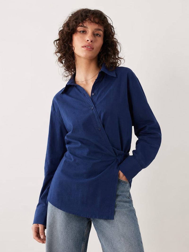 Side-Tie Wrap Blue Linen Blouse Blouse CIZARO - Cizaro Jeans