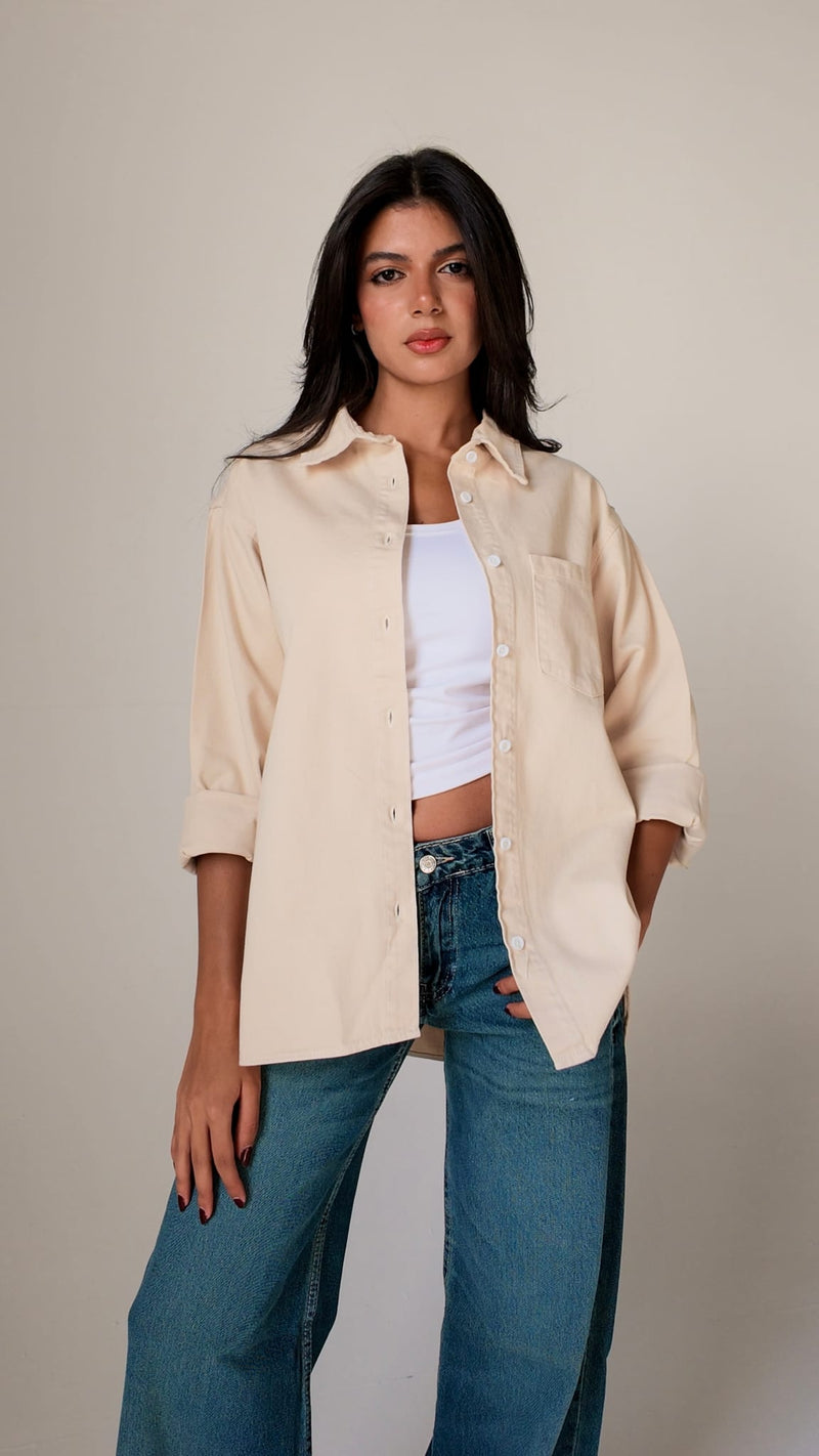 Oversized Beige Shirt Shirt CIZARO - Cizaro Jeans