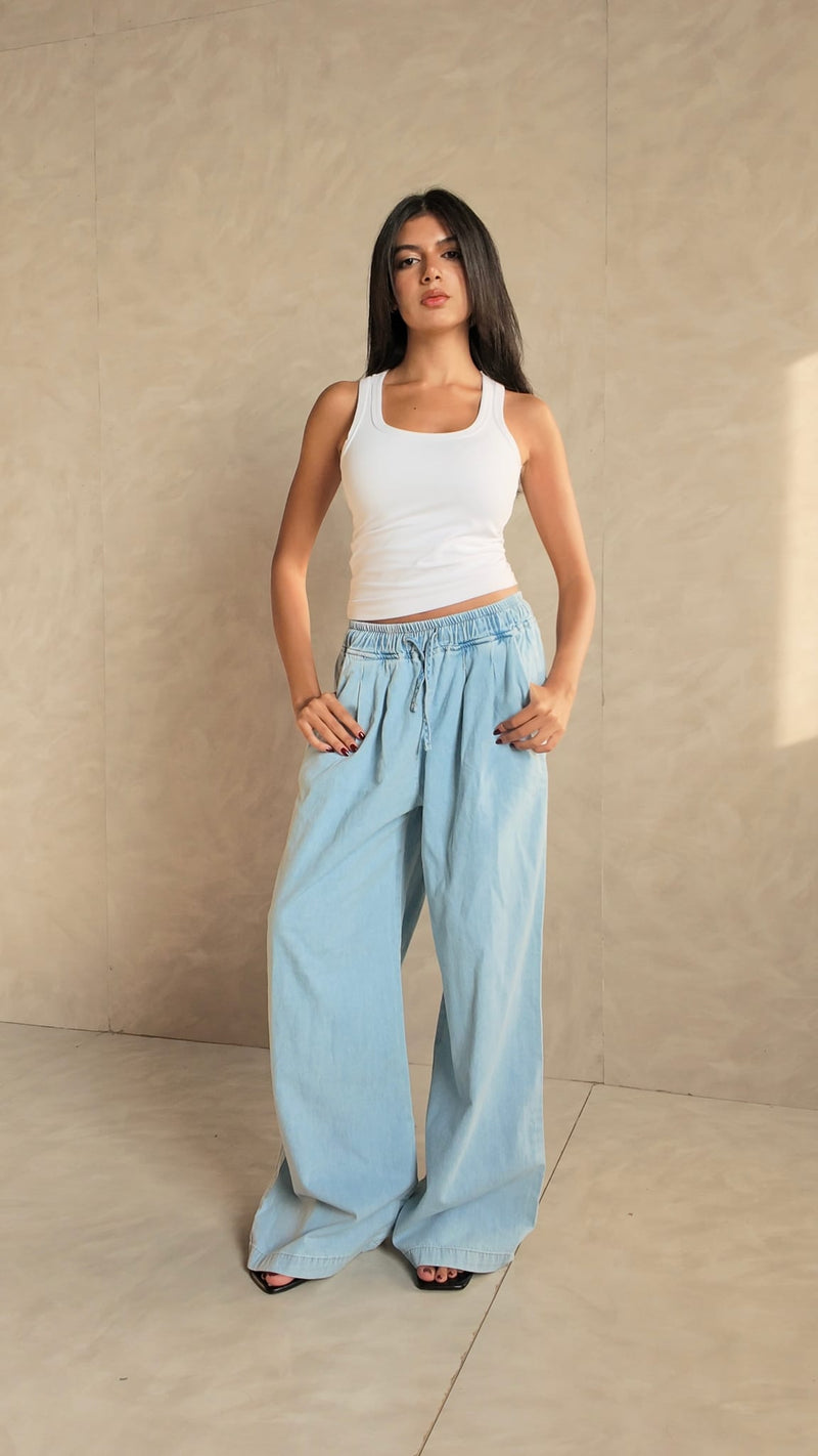 Wide-Leg Drawstring Light Blue Denim Pants Wide-Leg CIZARO - Cizaro Jeans