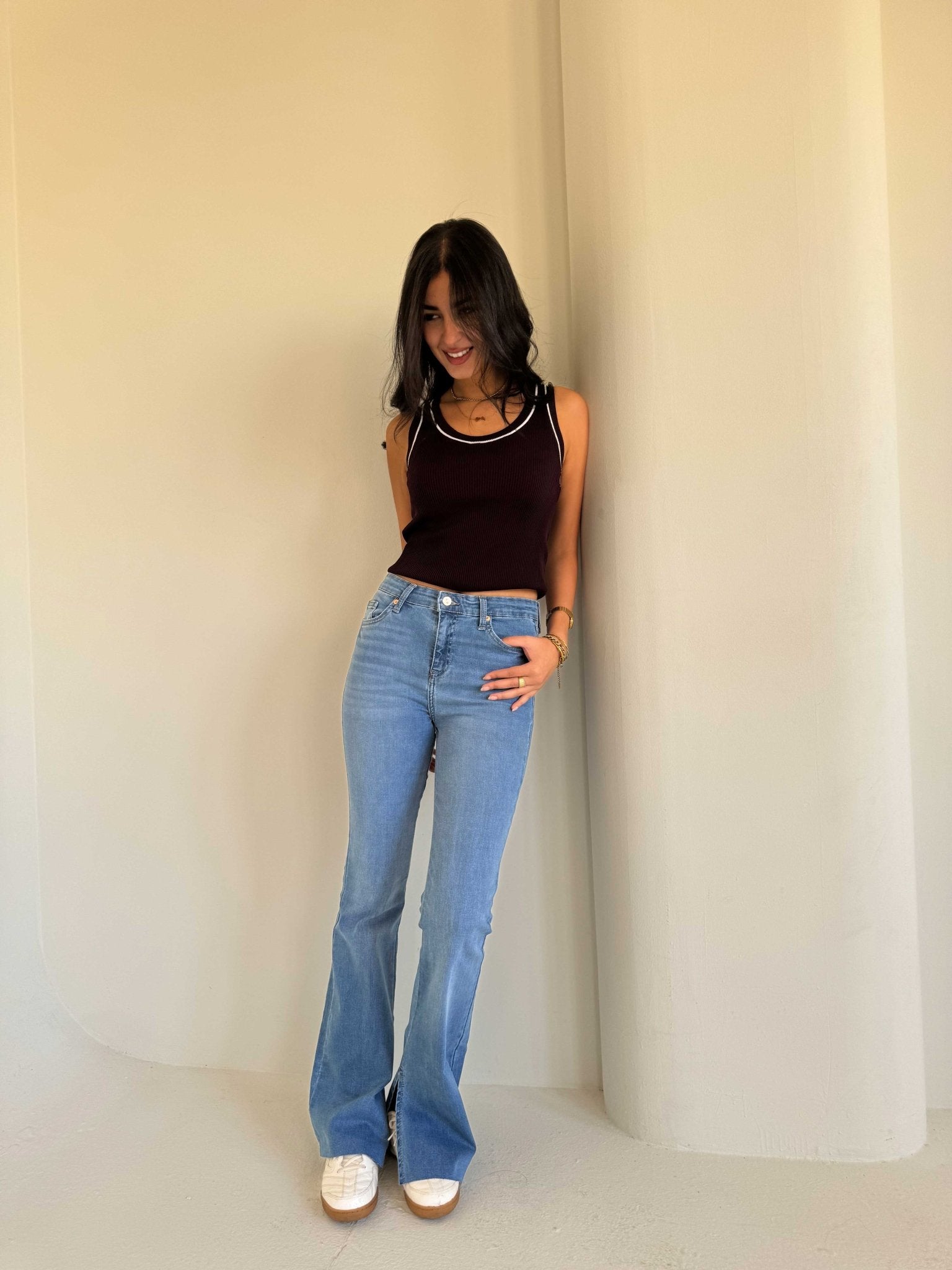 Flare – Mid Rise Raw Hem Split Hem mid blue Jeans Flare CIZARO - Cizaro Jeans