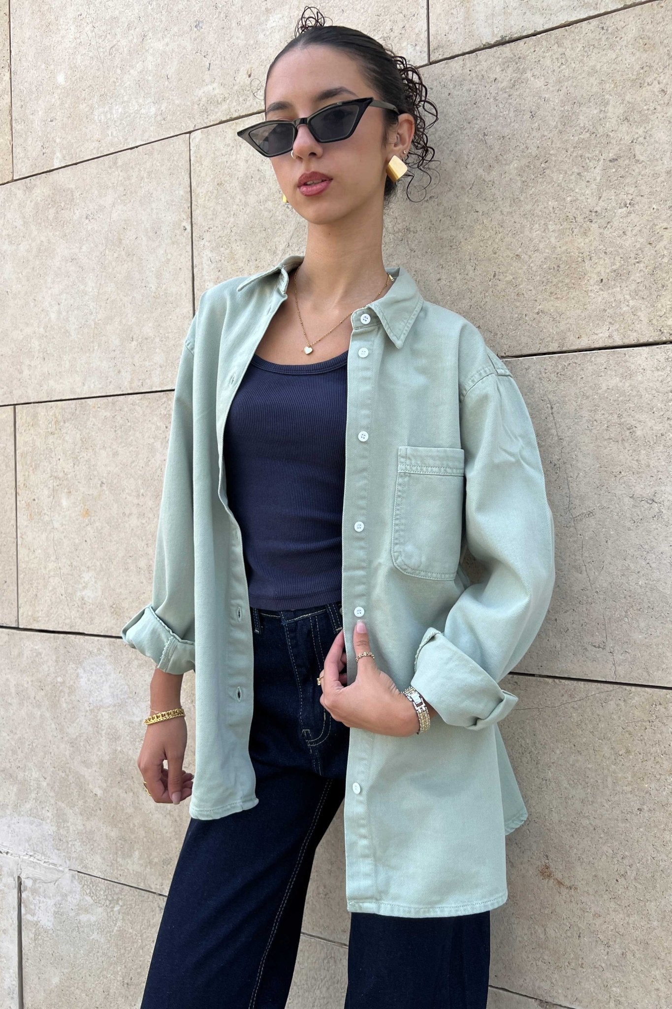 Oversized - Denim Pastel Mint Green Shirt Denim Shirt CIZNEW - Cizaro Jeans
