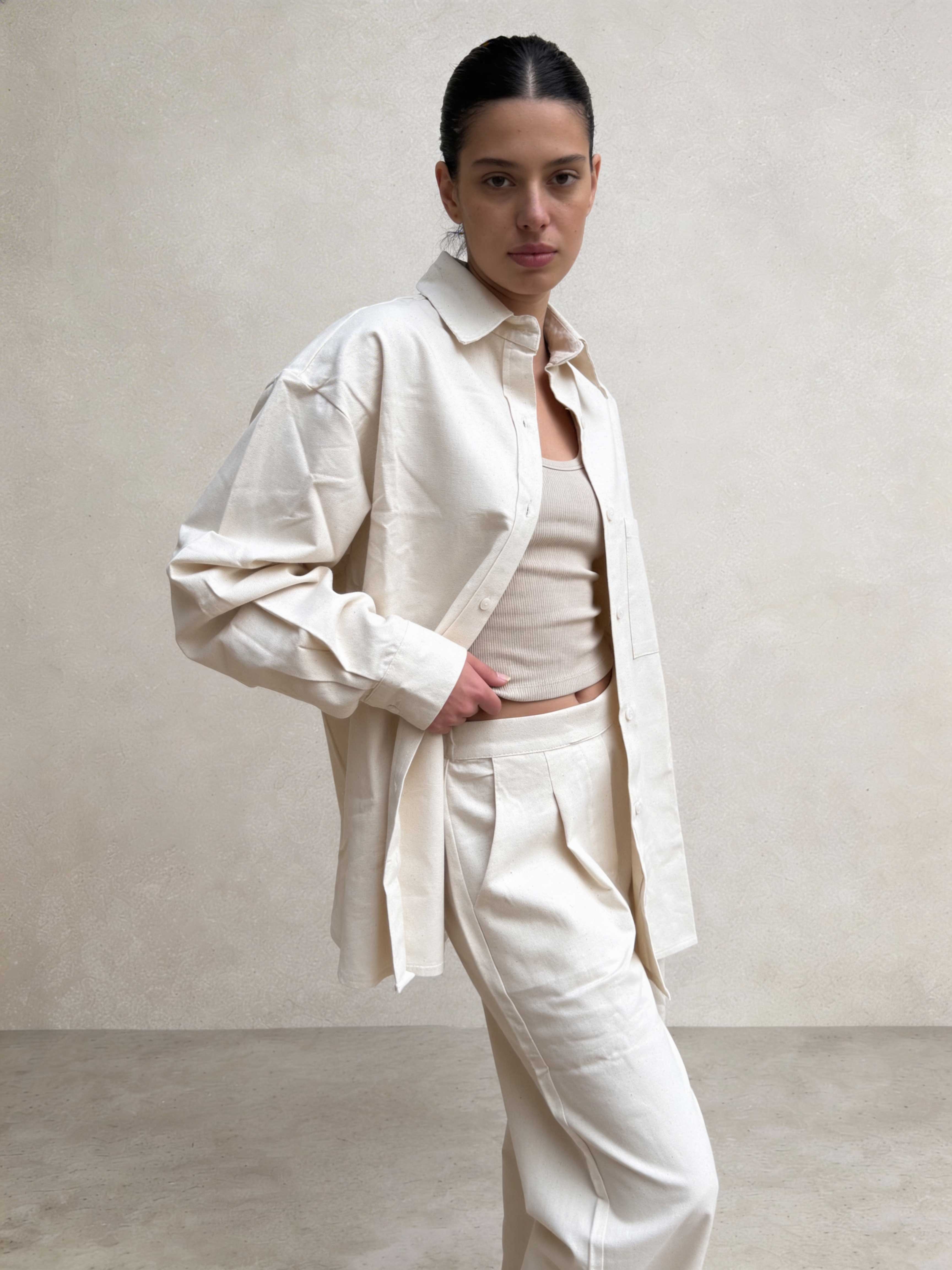 Shirt – Ecru Oversized Linen Effect Shirt Shirts - Tops CIZARO - Cizaro Jeans